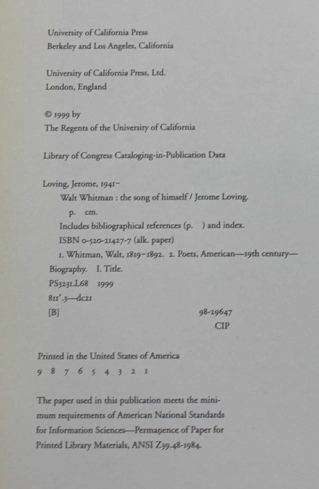 Walt Whitman : The Song of Himself Hardcover Jerome Loving
