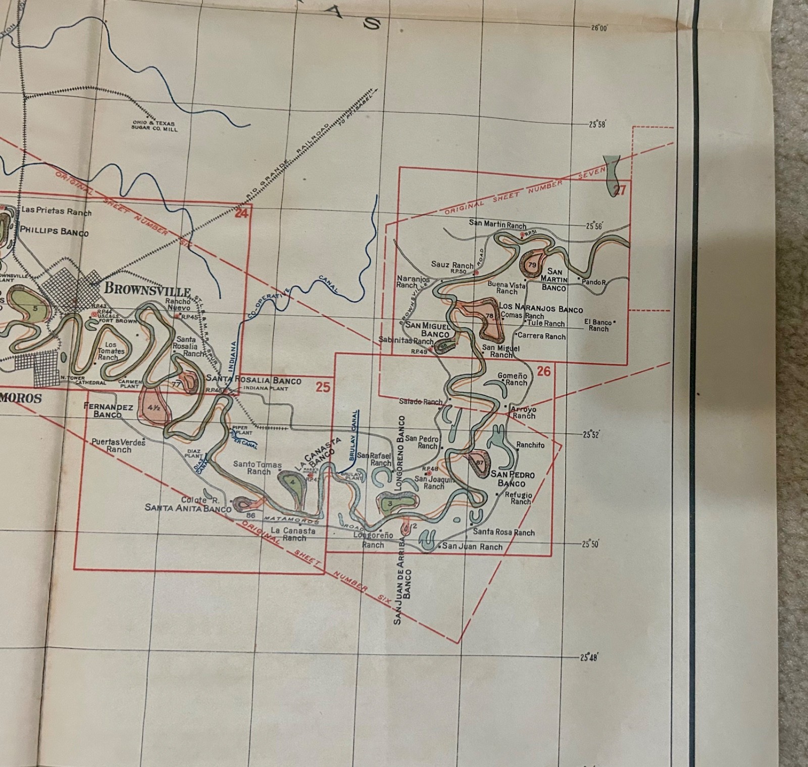 1911 Rio Grande Topographical Map – Roma to the Gulf of Mexico (America)