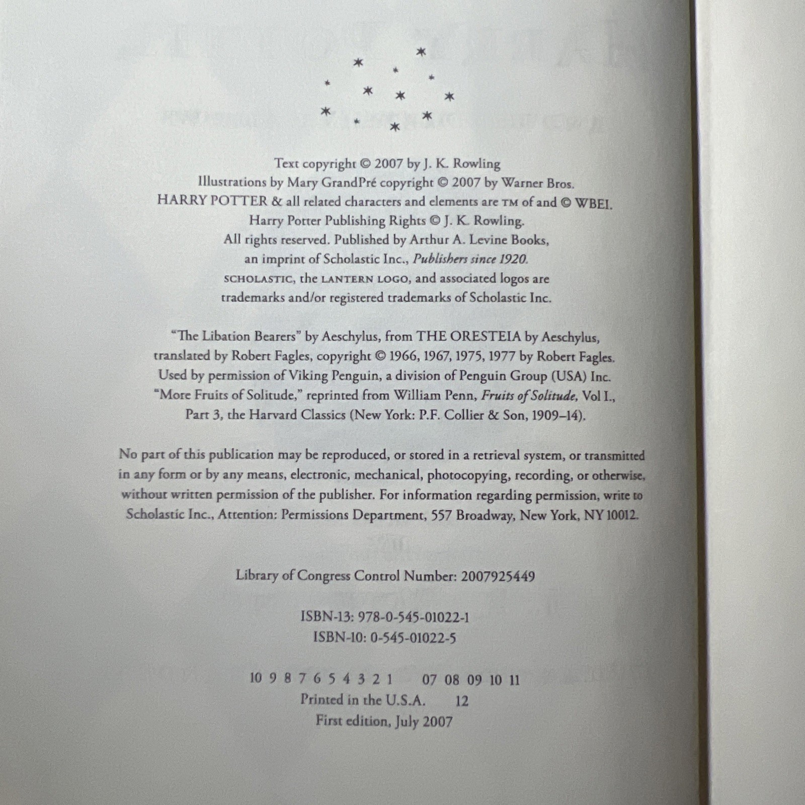 RARE HARRY POTTER And The Deathly Hallows 2007 1st edition ERROR 759 End Page