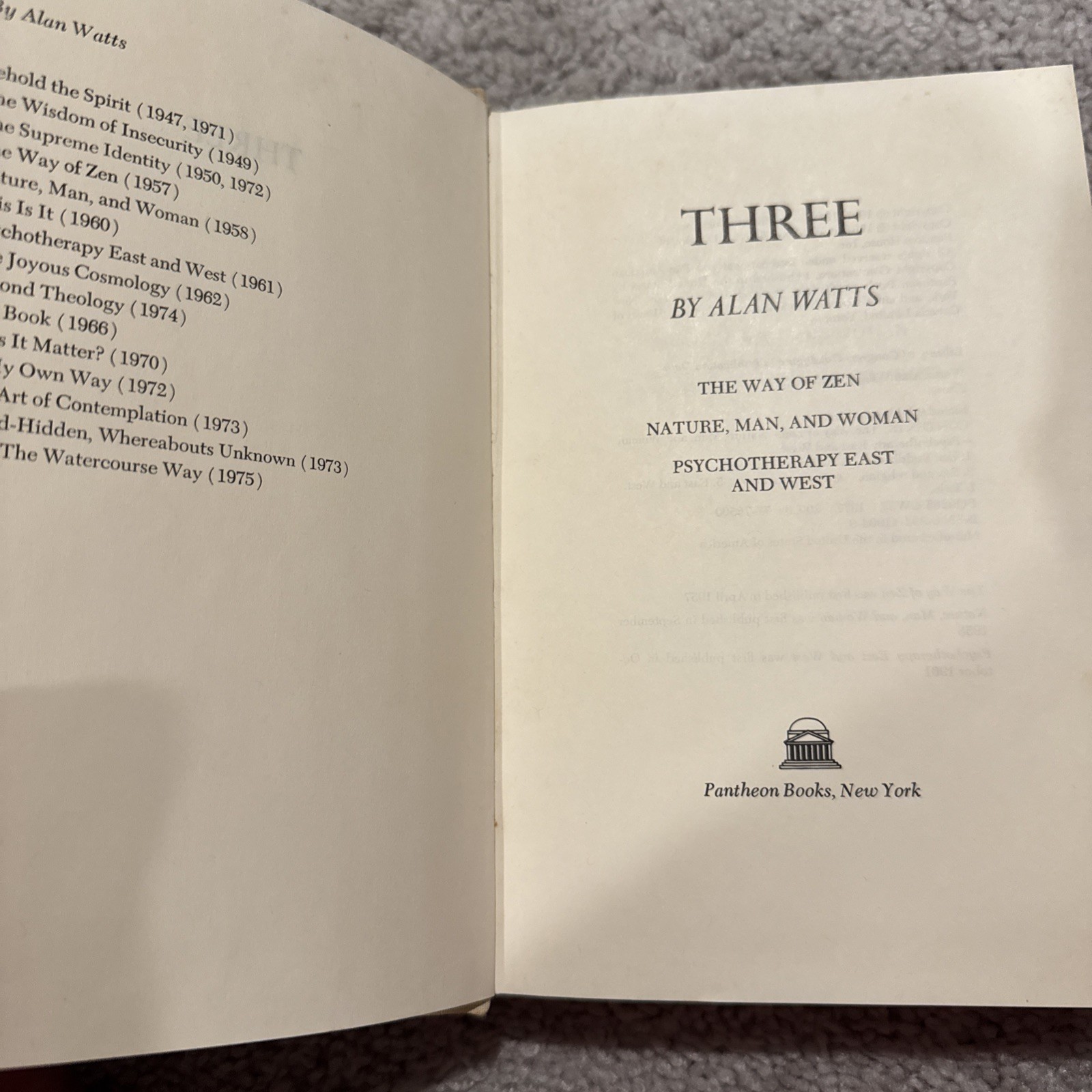 Alan Watts, Three. First Edition Hardcover.