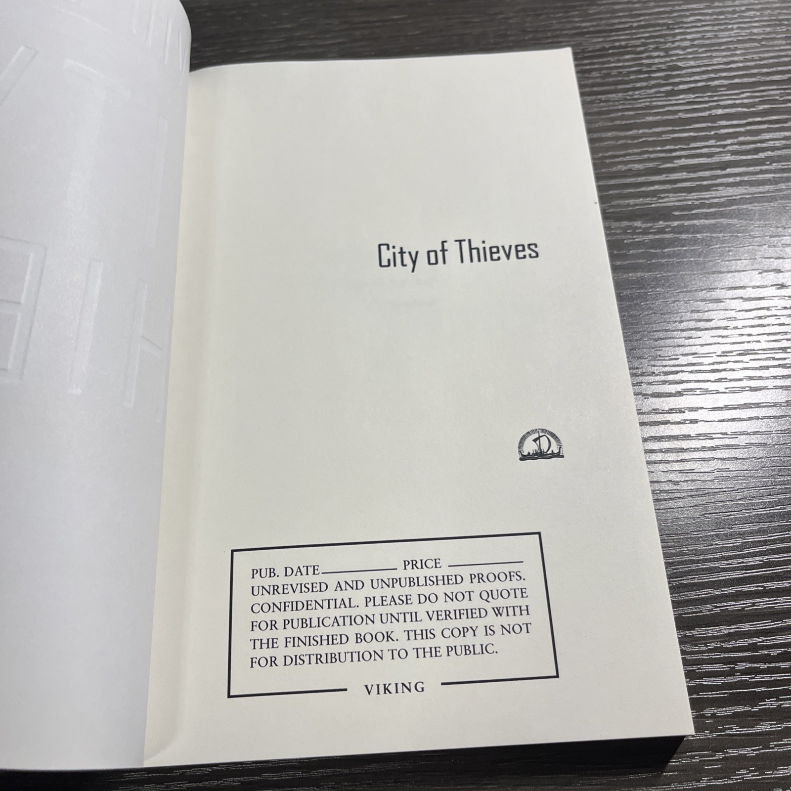 City of Thieves by Benioff, David. Rare Advance Proof, Very Good 2008