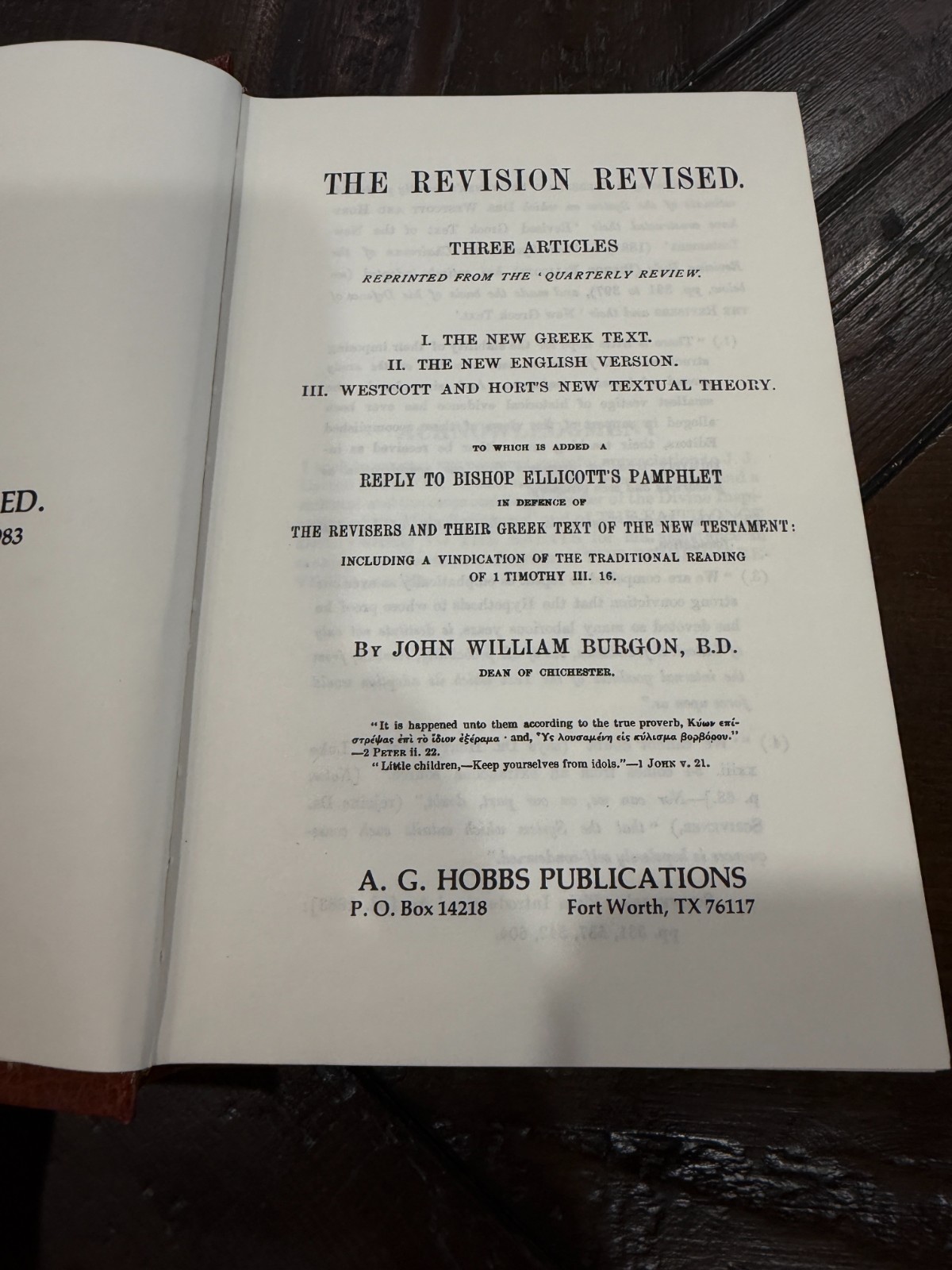 Church of Christ, A.G. Hobbs, The Revision Revised, John William Burgon Reprint