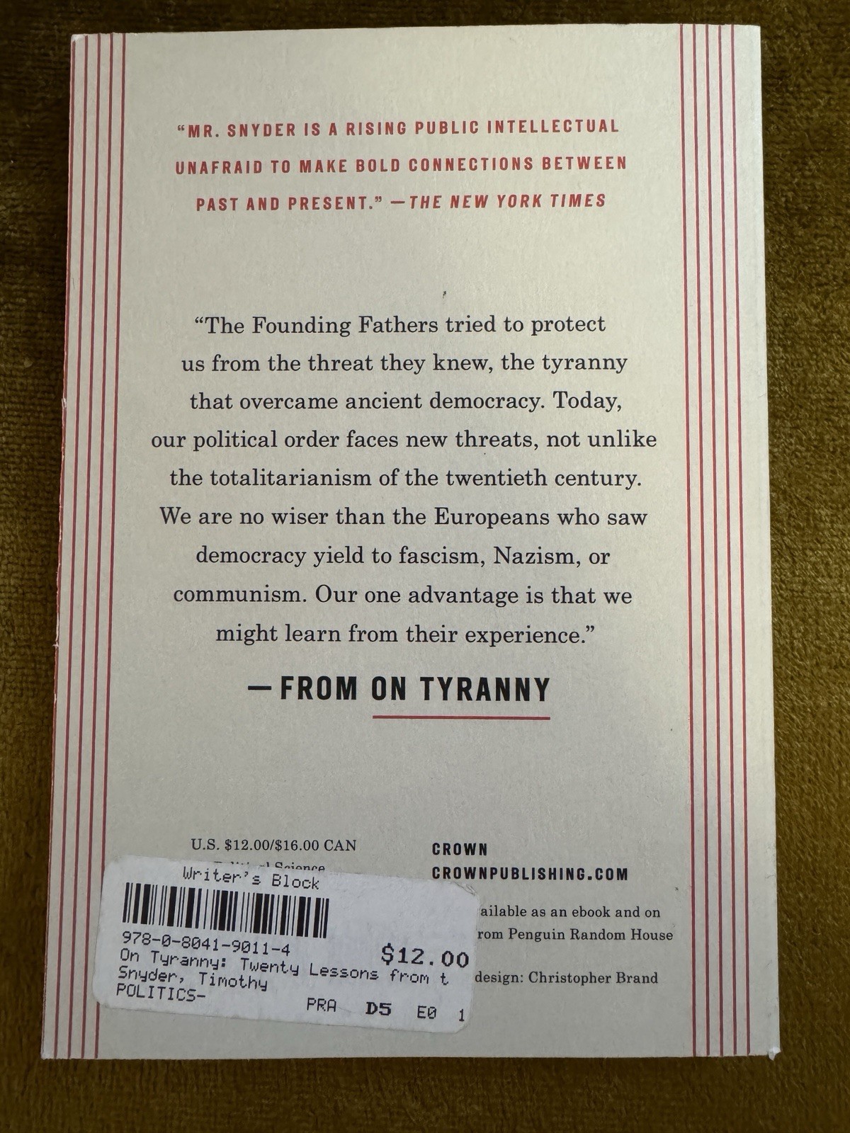 On Tyranny : Twenty Lessons from the 20th Century by Timothy Snyder (Paperback)