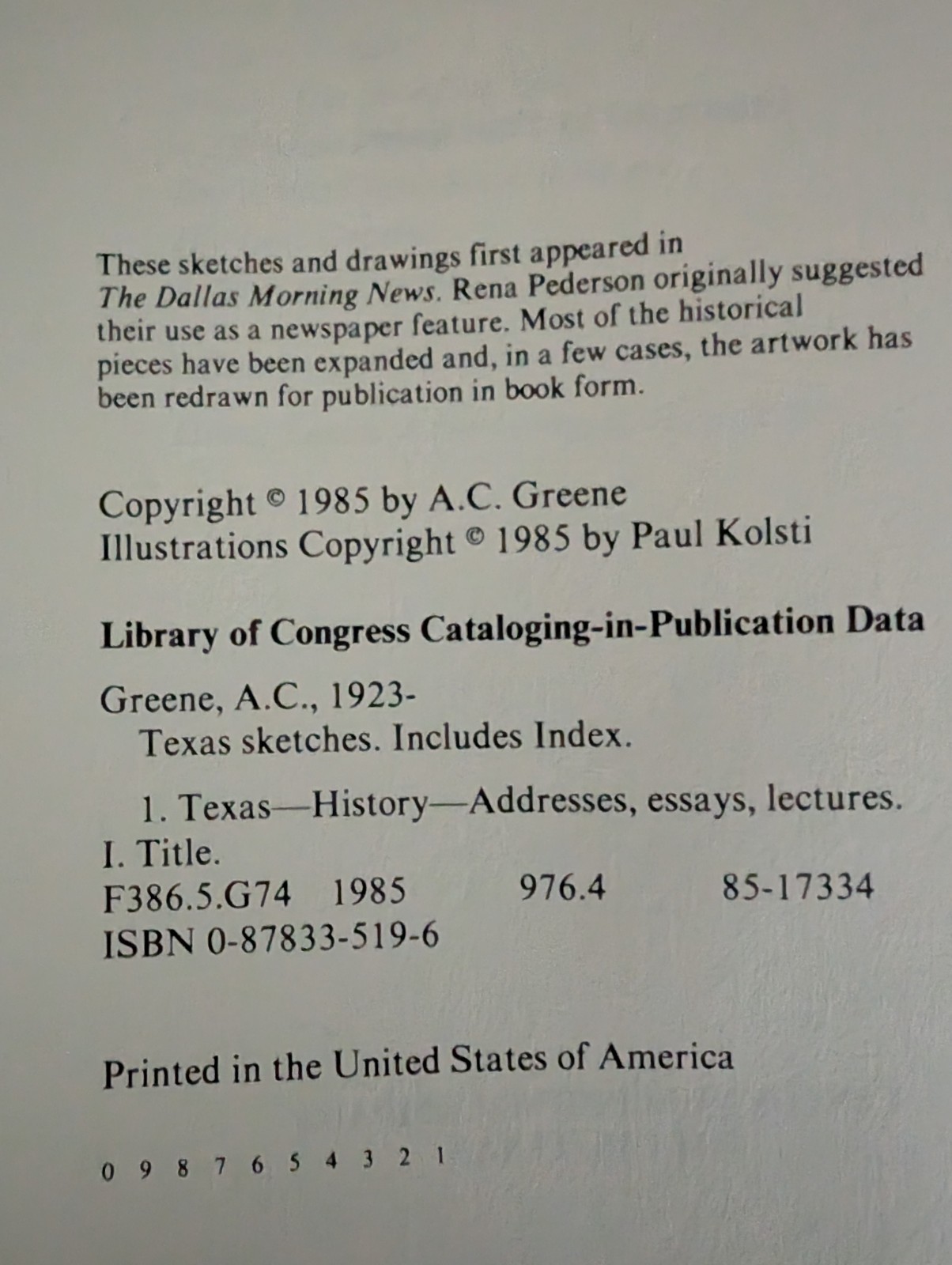 A. C. Greene: Texas Sketches- Taylor; 1st Ed.; HB/DJ; 1985; Paul Kolsti Illus.