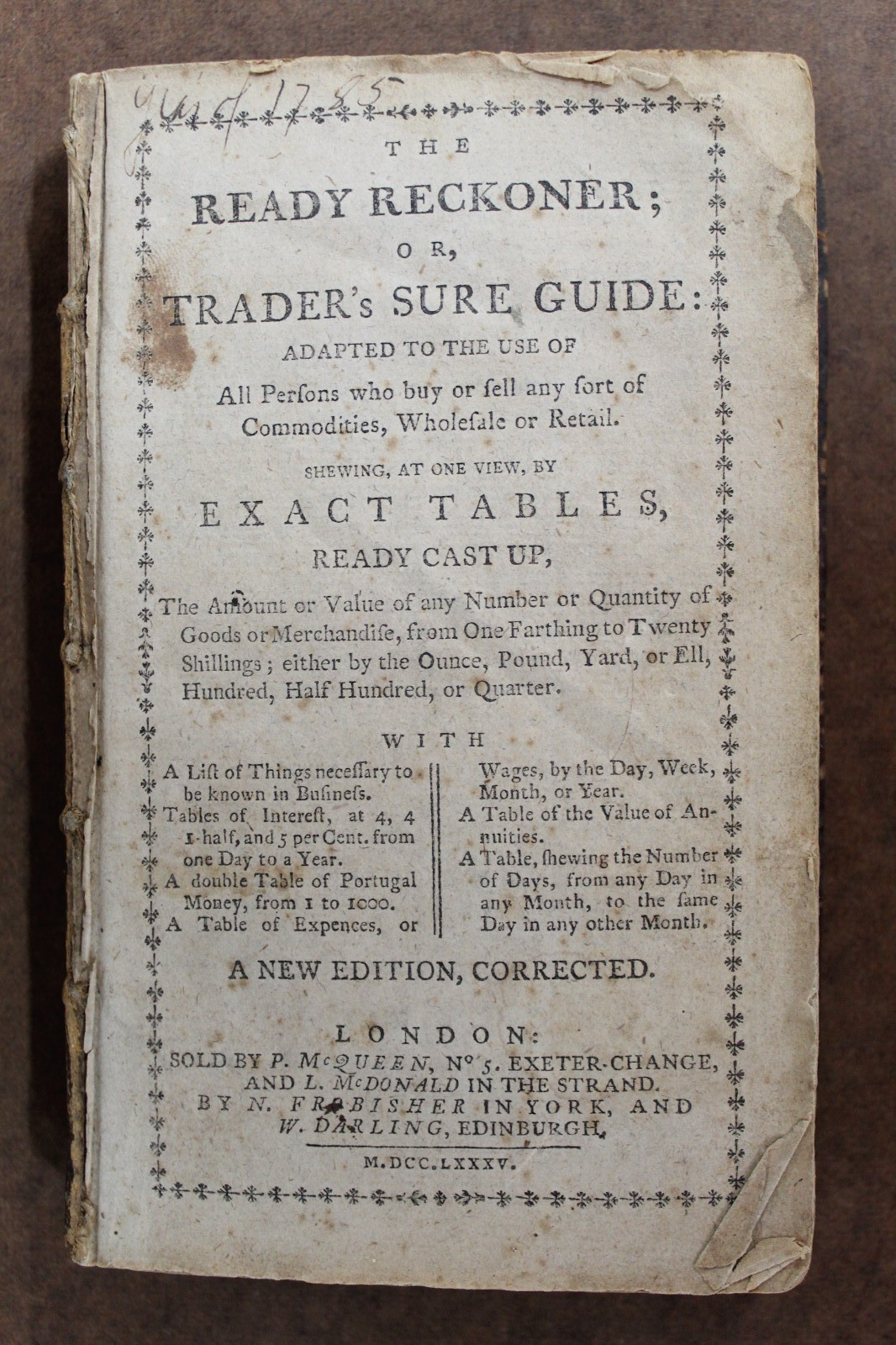 RARE Ready Reckoner or Trader’s Sure Guide 1785 Second Edition (No Front Cover)