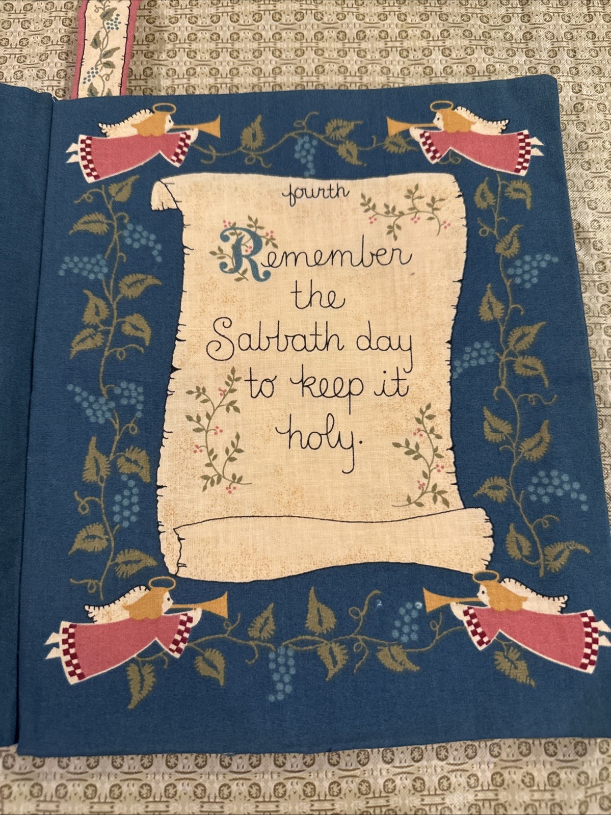 Vintage Cloth -Quilted 10 Commandments Book with Bookmark! 10 1/2 Inches Long
