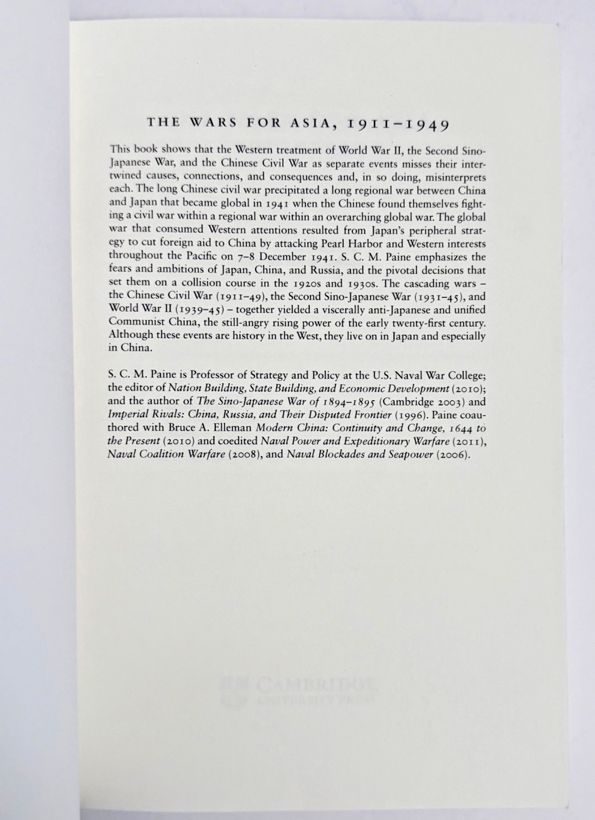 The Wars for Asia, 1911-1949 by S. C. M. Paine Cambridge Univ. Press PB VG
