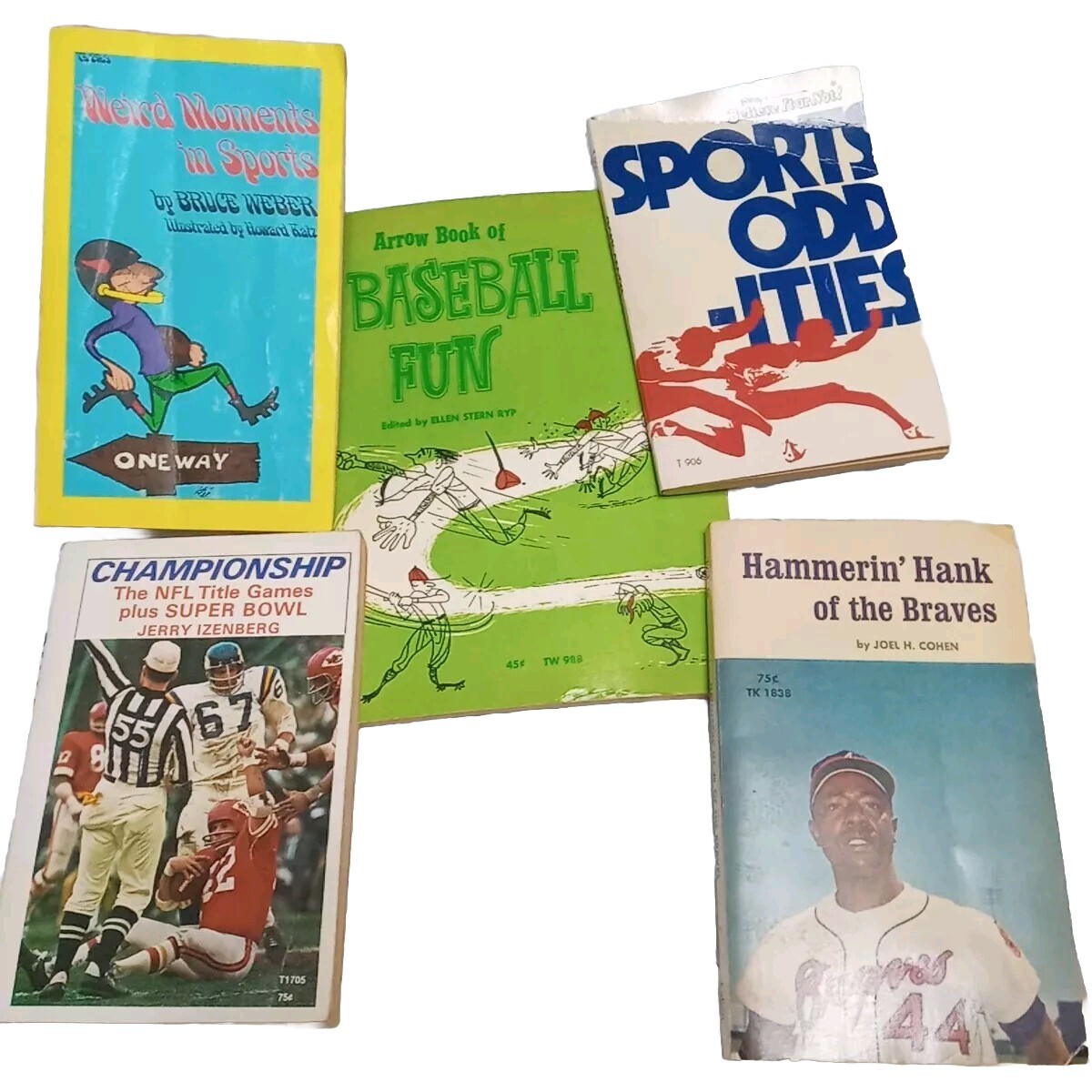 5 Vintage 1970’s Kids Sports Books Lot – NFL, MLB, Hank Aaron, Ripley’s