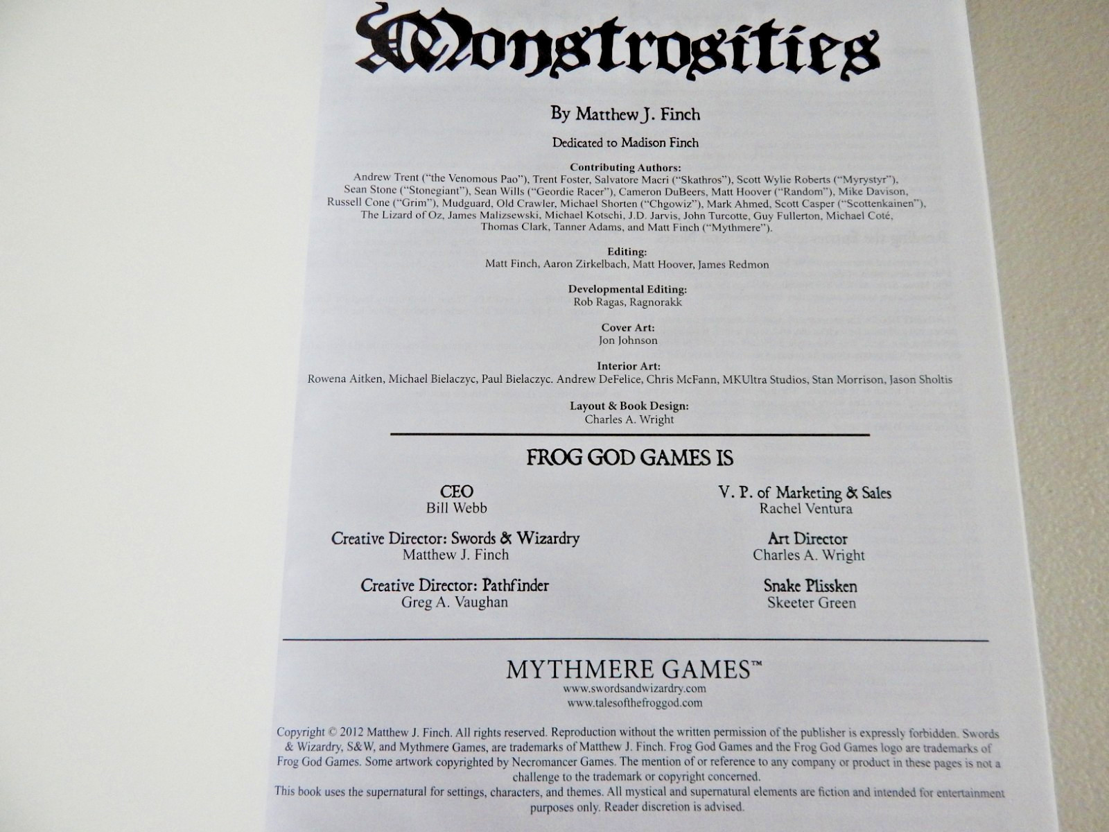 MONSTROSITIES Swords & Wizardry Monster Book HC Frog God Games Matthew J. Finch
