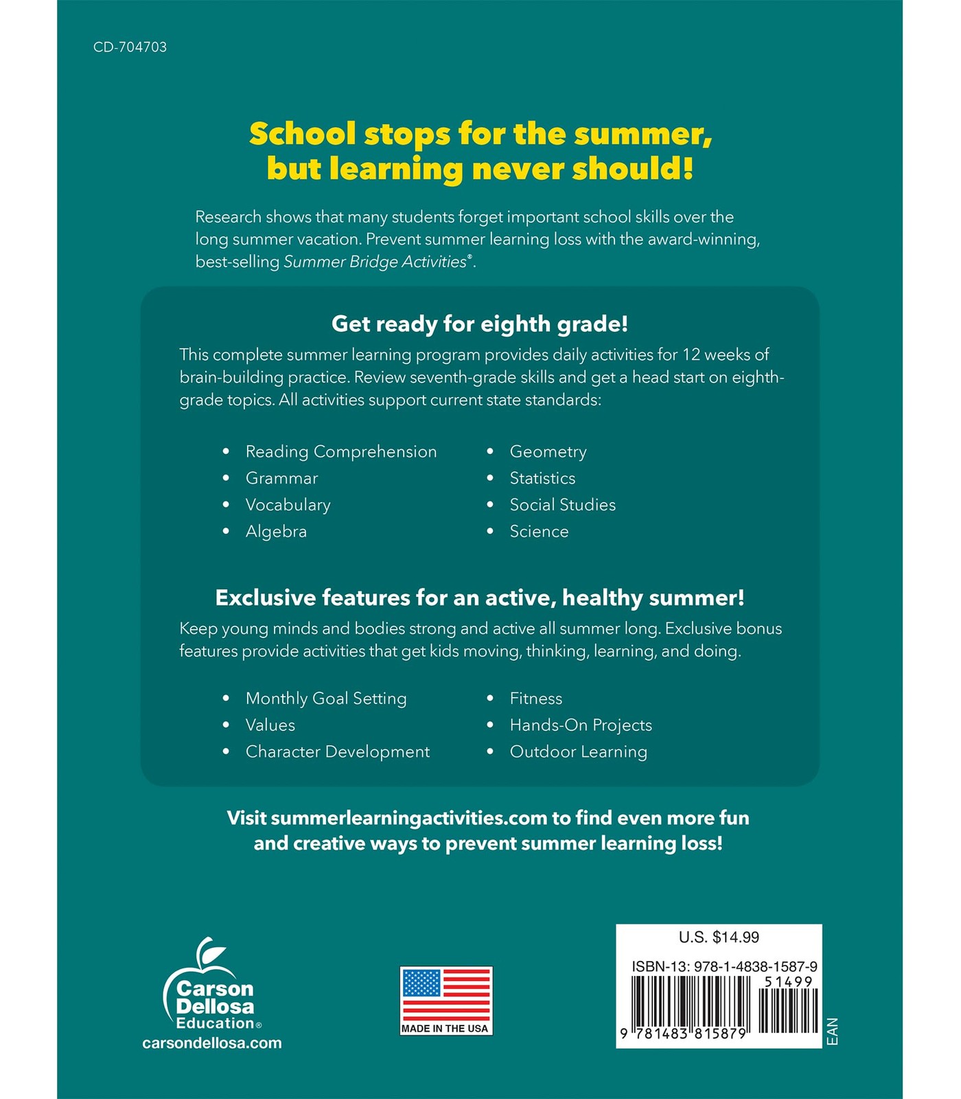 Summer Bridge Activities 7th to 8th Grade Workbook All Subjects 15 Minutes Daily
