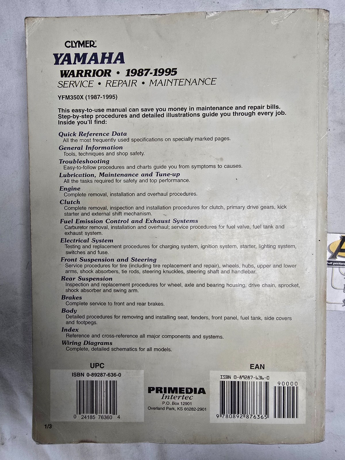 Clymer Service Repair Maintenance Manual 1987-1995 Yamaha Warrior ATV M487