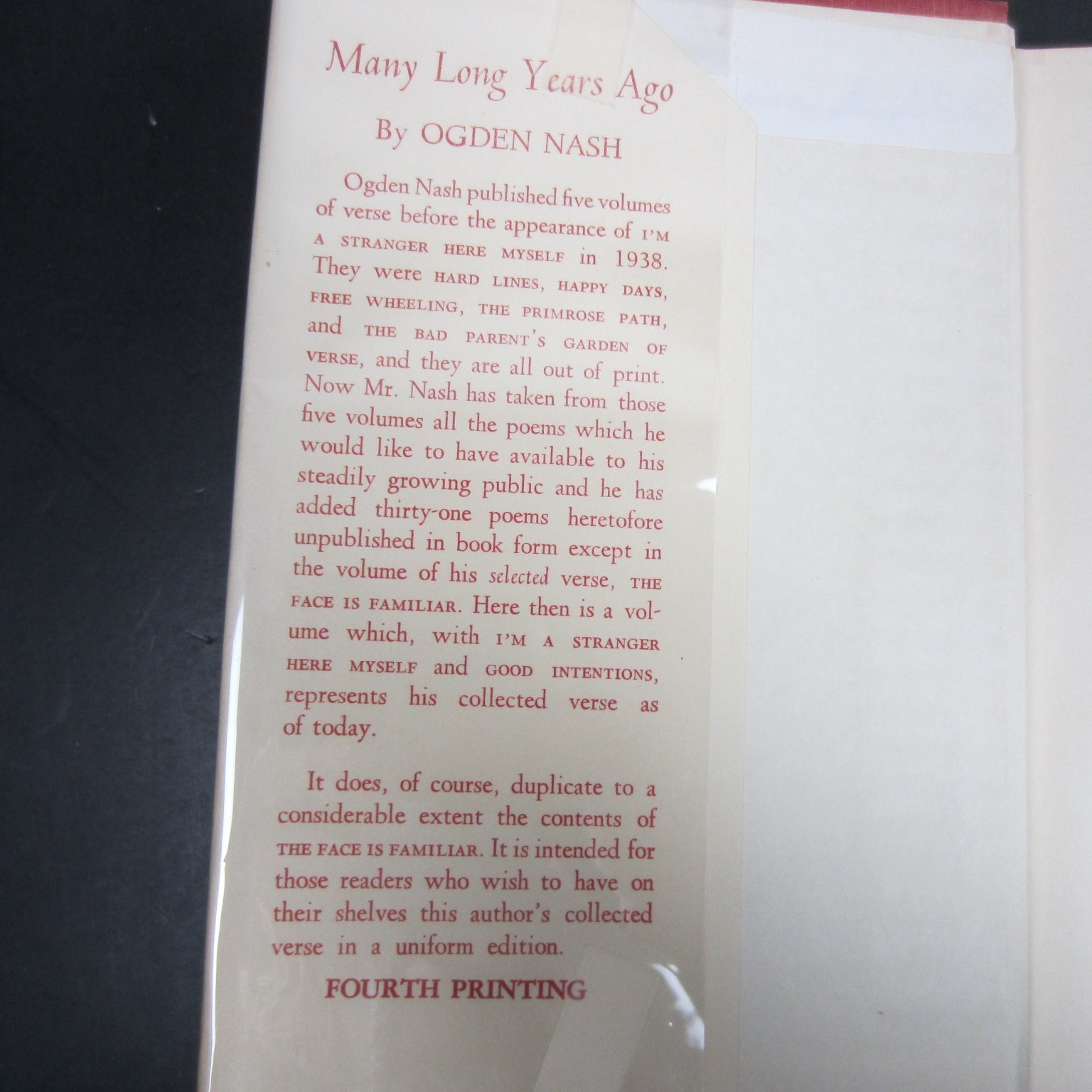 Many Long Years Ago Ogden Nash 1945 Fourth Printing Poetry Humorous Little Brown