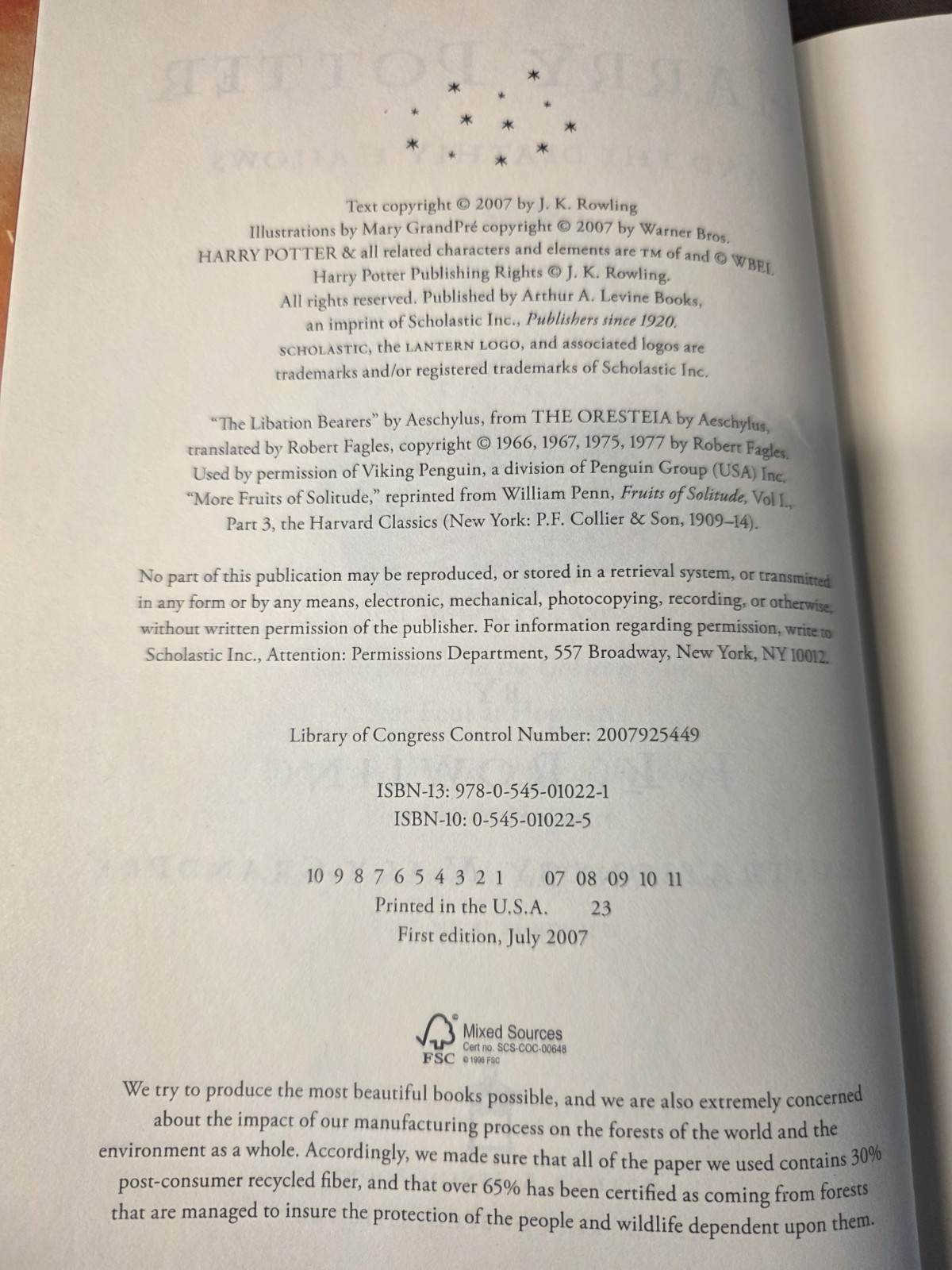 Harry Potter and the Deathly Hallows HC/DJ 1st Edition – 1st Print ERROR Book