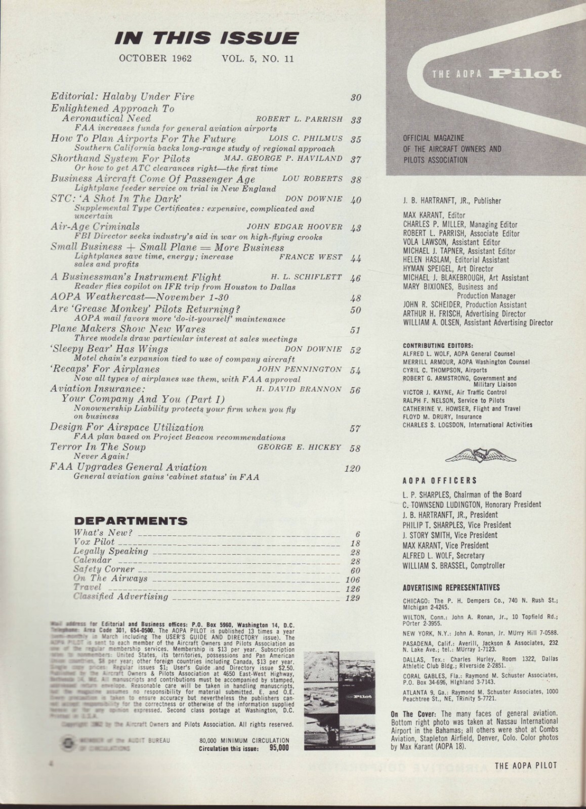 The AOPA Pilot Magazine – October 1962. J. Edgar Hoover. F.B.I.