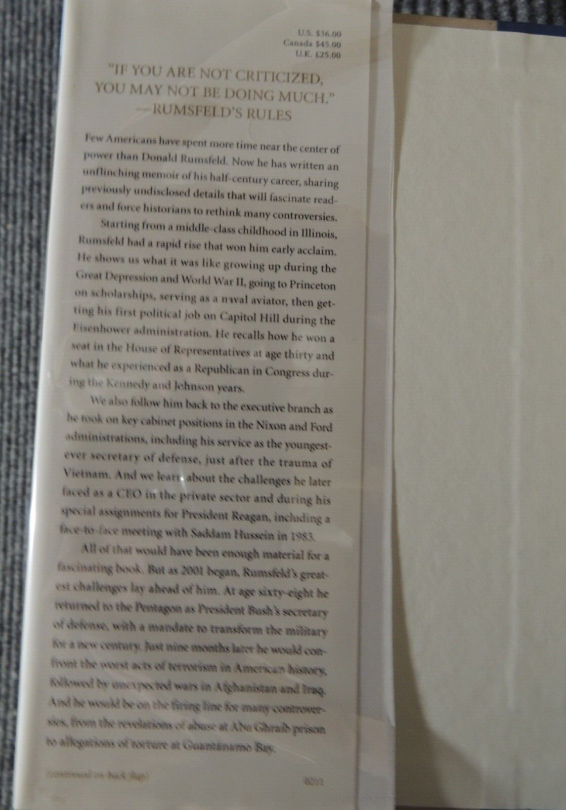 Known and Unknown A Memoir by Donald Rumsfeld 1st edition 1st printing SIGNED