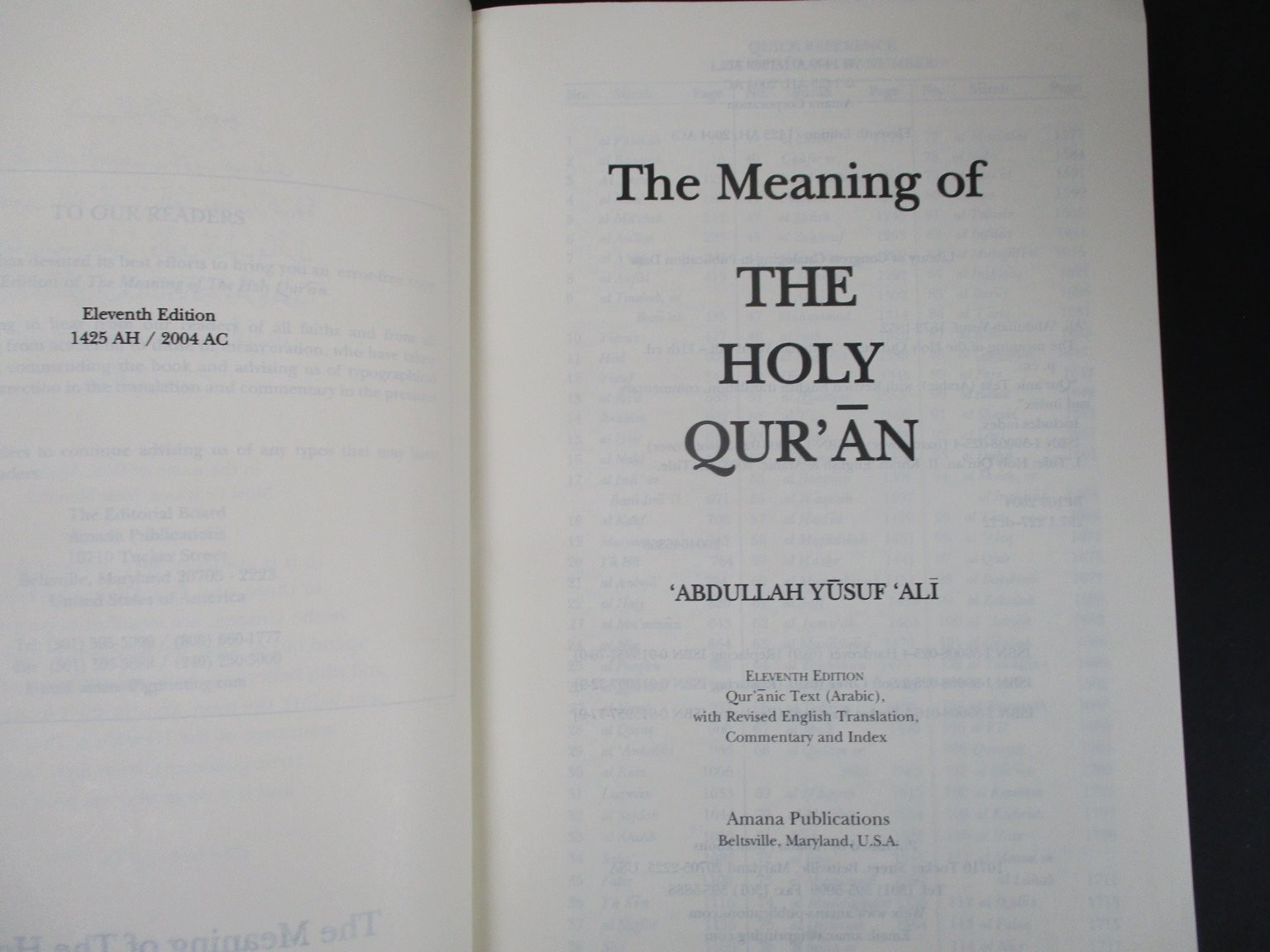 Meaning of The Holy Qur’an Abdullah Yusuf ‘Ali 2004 11th Ed Amana Pub. PB