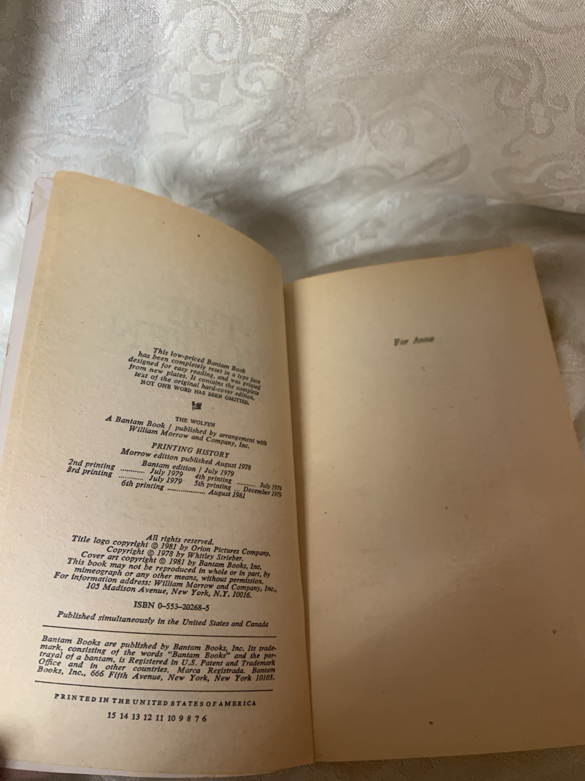The Wolfen by Whitley Strieber Bantam 1978 Paperback Movie Novel 6th Print