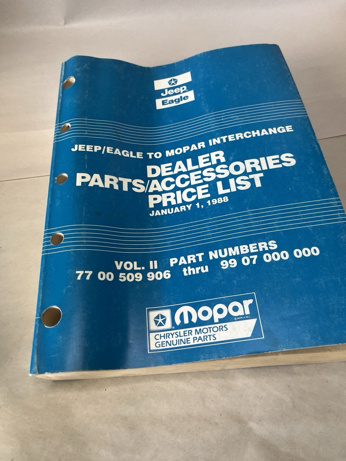 MOPAR Jeep Eagle January 1988 Parts Catalog Parts Dept. Dealership Books SL