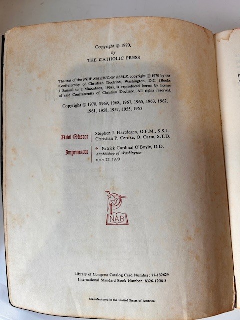 Holy Bible New American Bible NAB Catholic Press World First Edition 1970