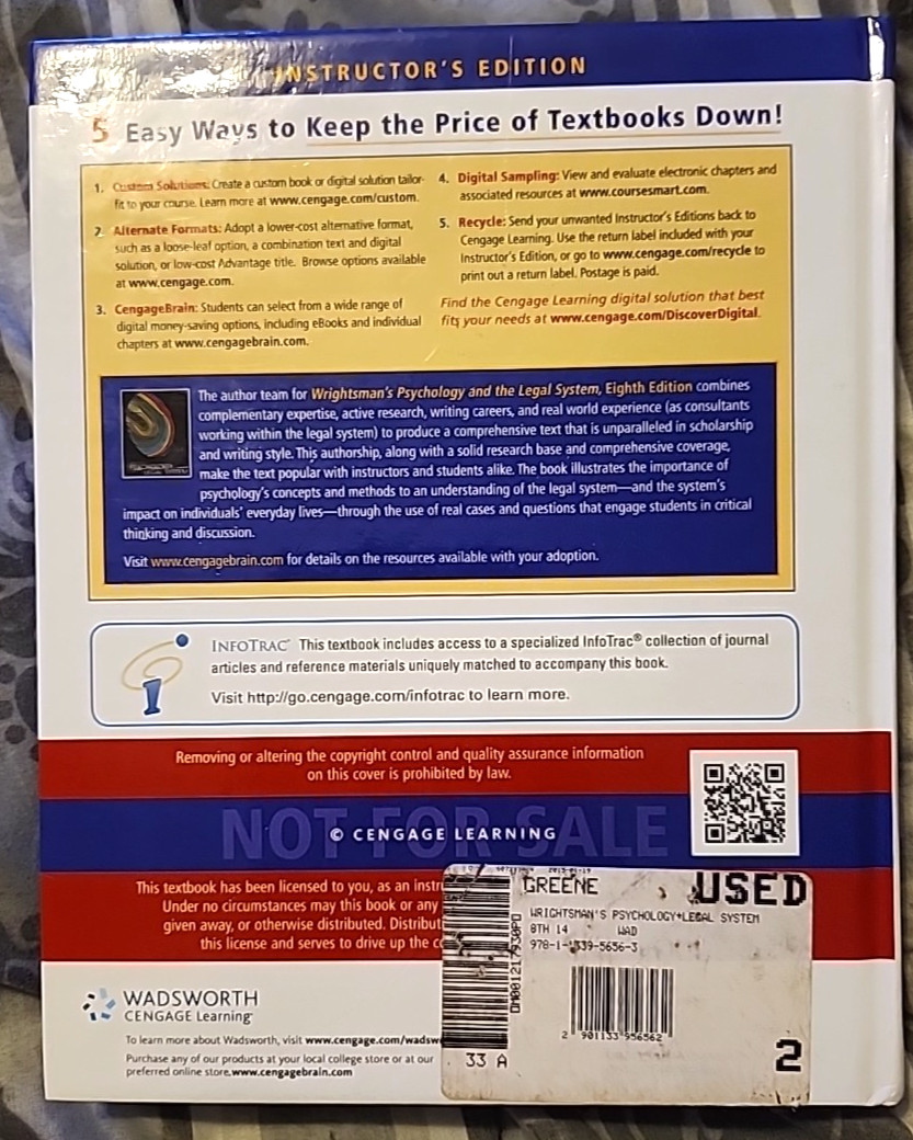 Wrightsmans Psychology And The Legal System College Textbook Inst. 8th Edition