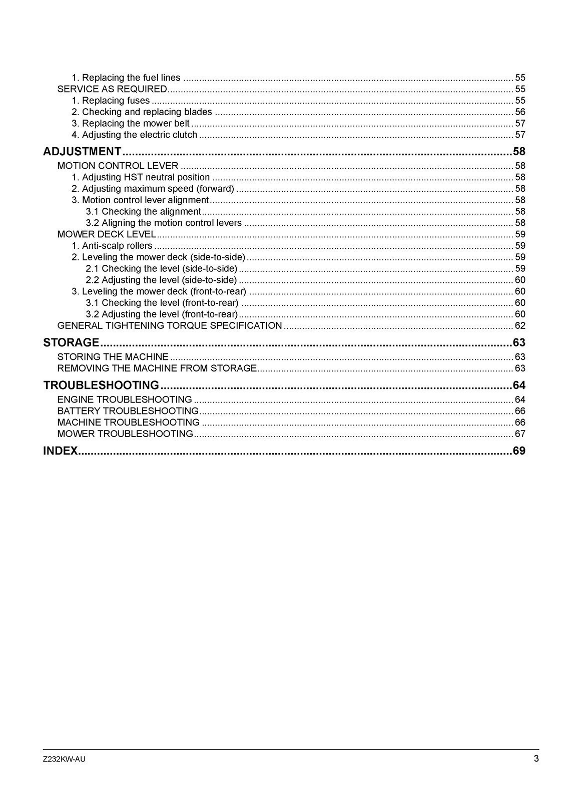 KUBOTA Z232KW-AU ZERO TURN MOWER OPERATORS MANUAL – SPIRAL BIND – TOUGH COVERING
