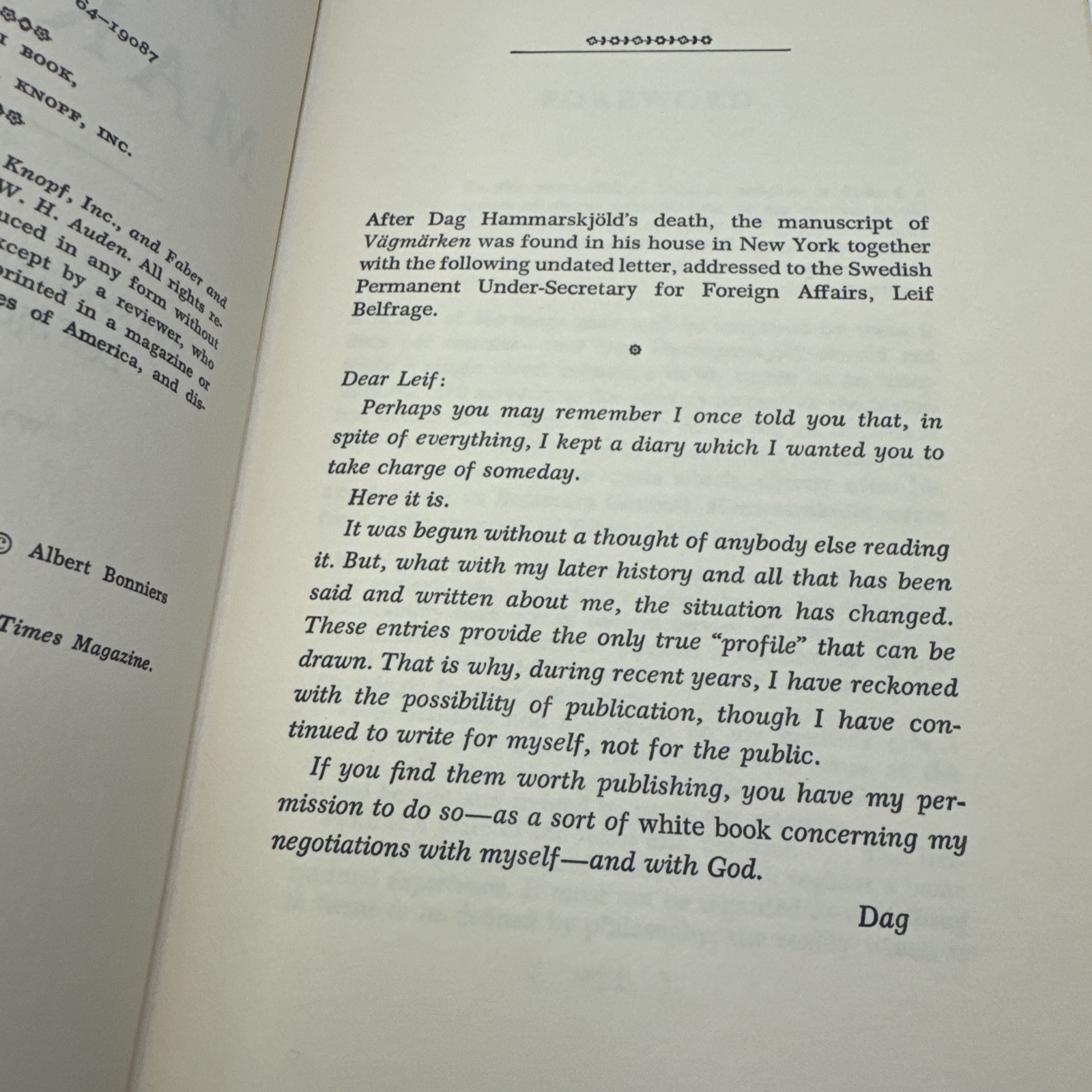 Dag Hammarskjold Markings Hardcover 1964 Alfred A. Knopf Inc.