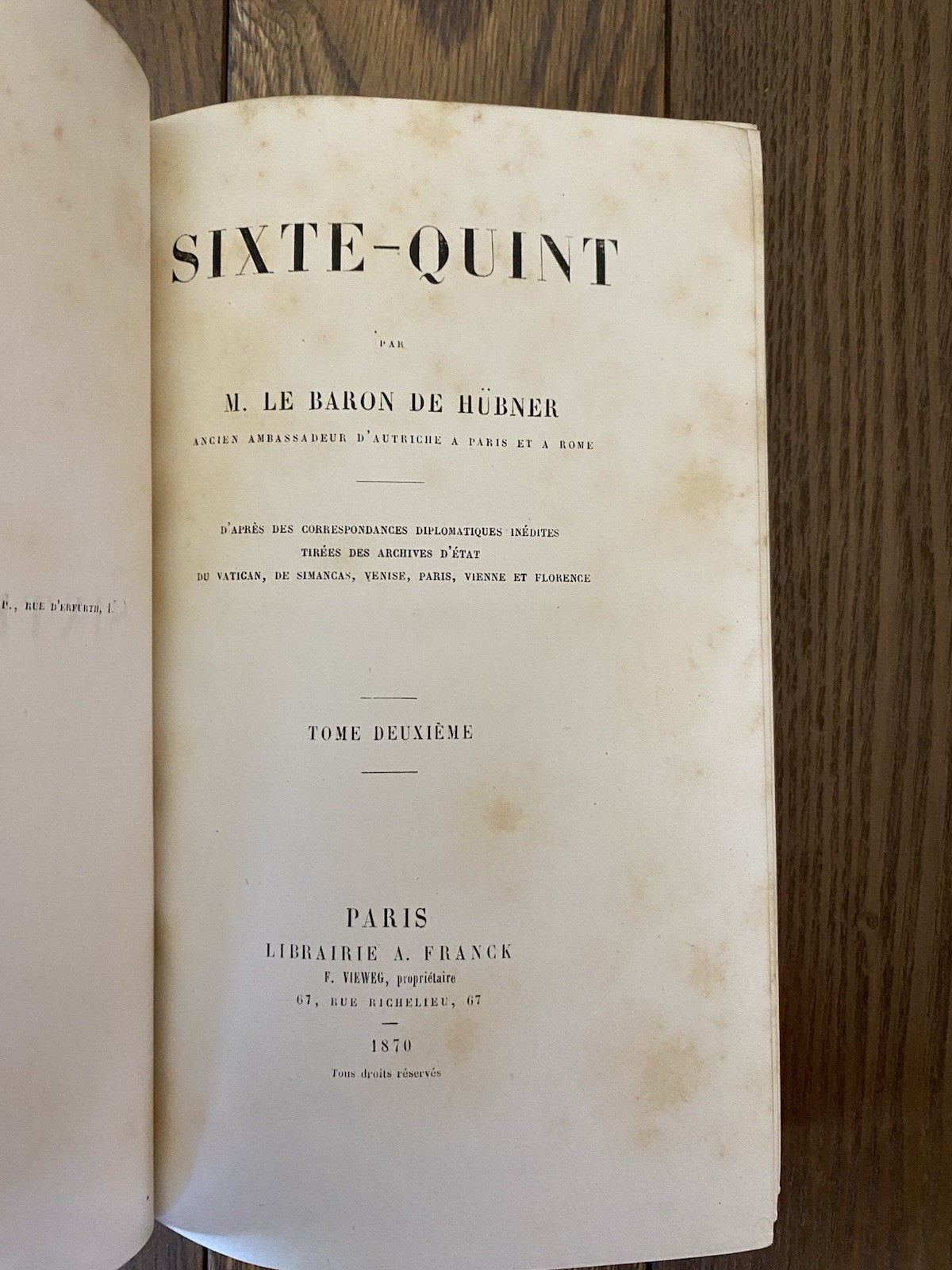 1870 Sixte-Quint Hubner Vols 1-3 Life Times of Pope Sixtus V French Language HC