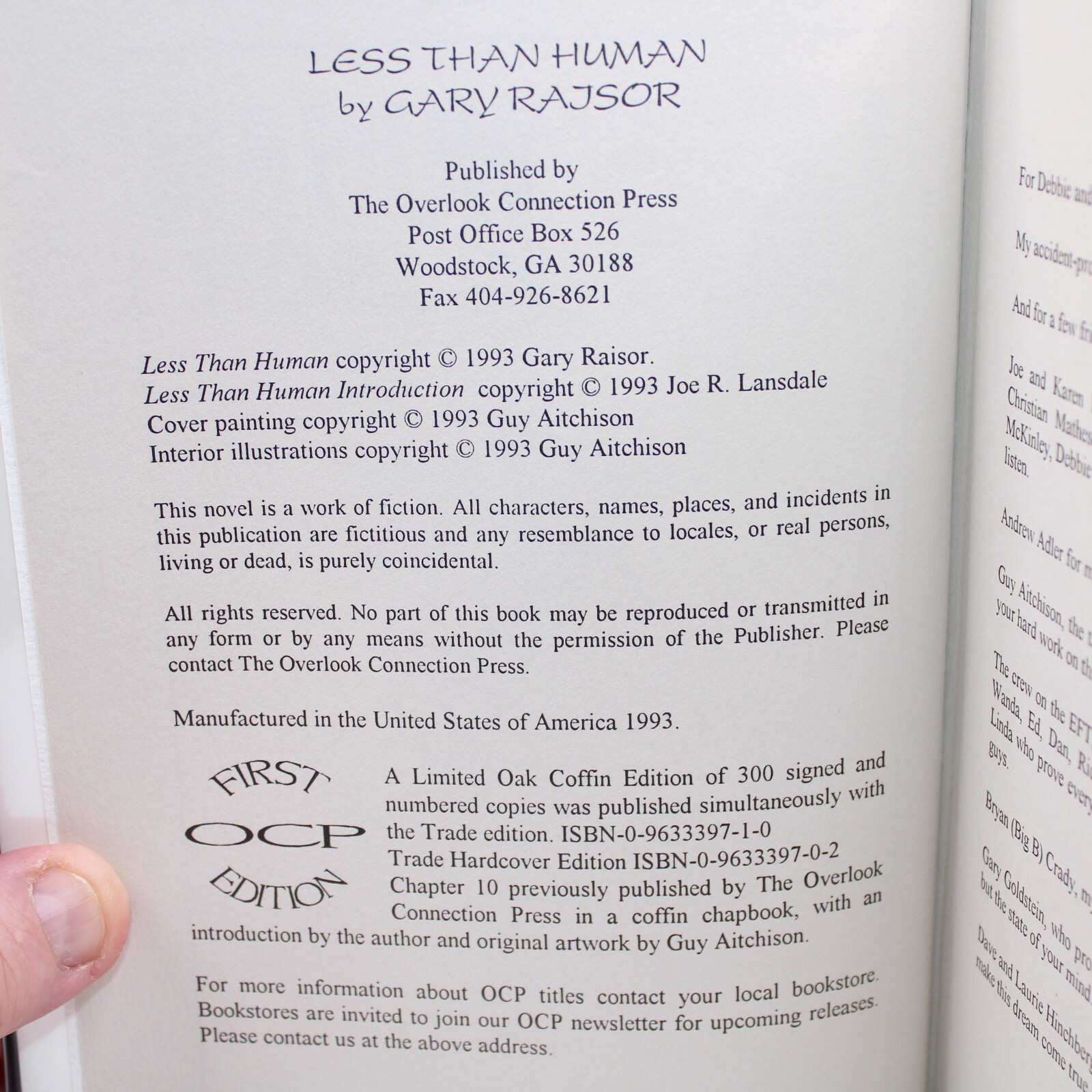 Signed Less Than Human By Gary Raisor First Edition Limited Signed First OCP Ed