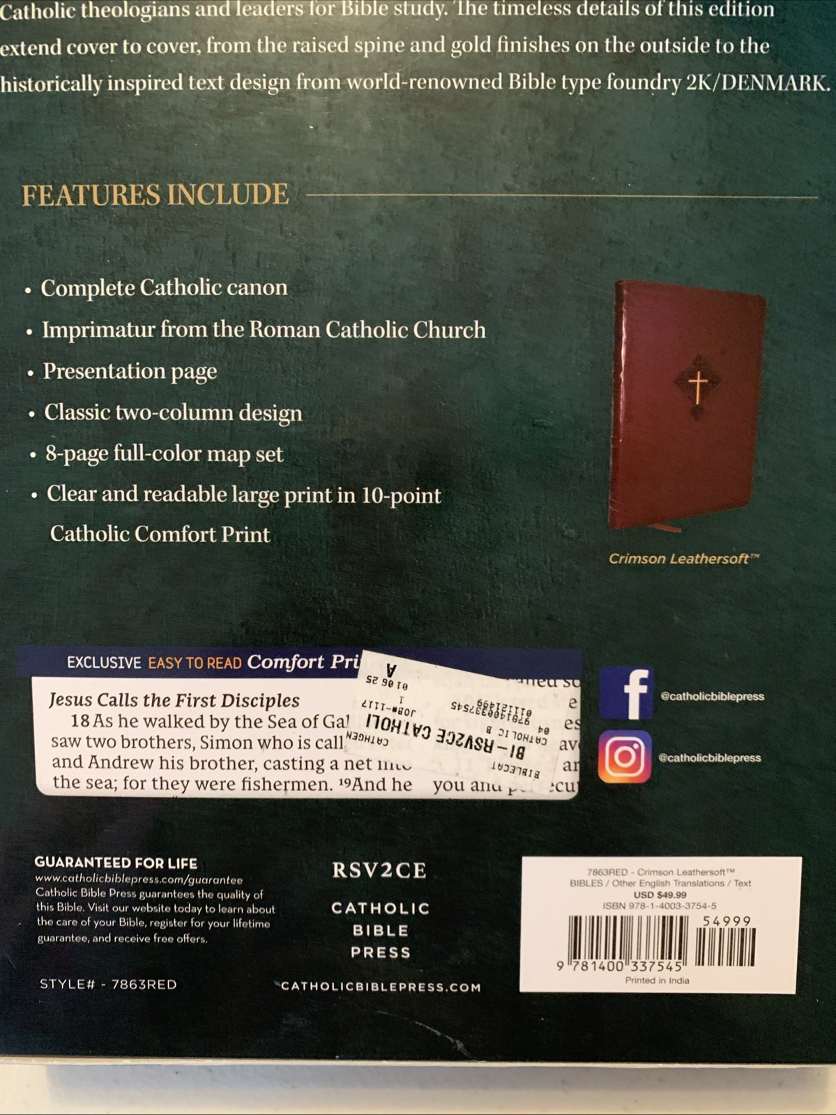 RSV2CE Thinline Large Print Catholic Bible Crimson Leathersoft Comfort Print NIB