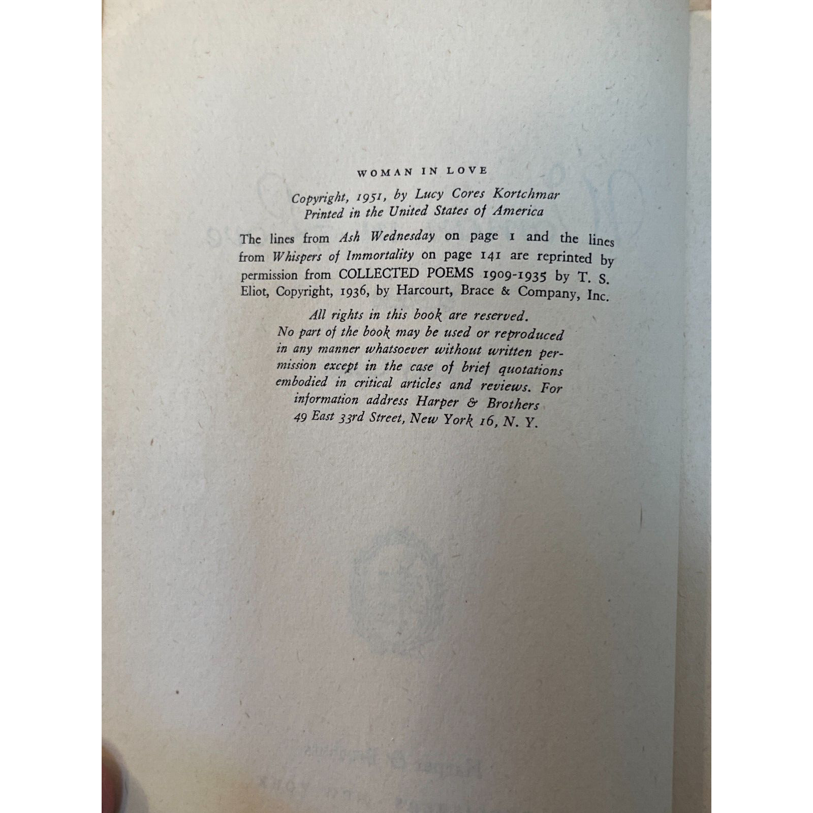 Woman In Love by Lucy Cores Hardcover published By Harper & Brothers In 1951