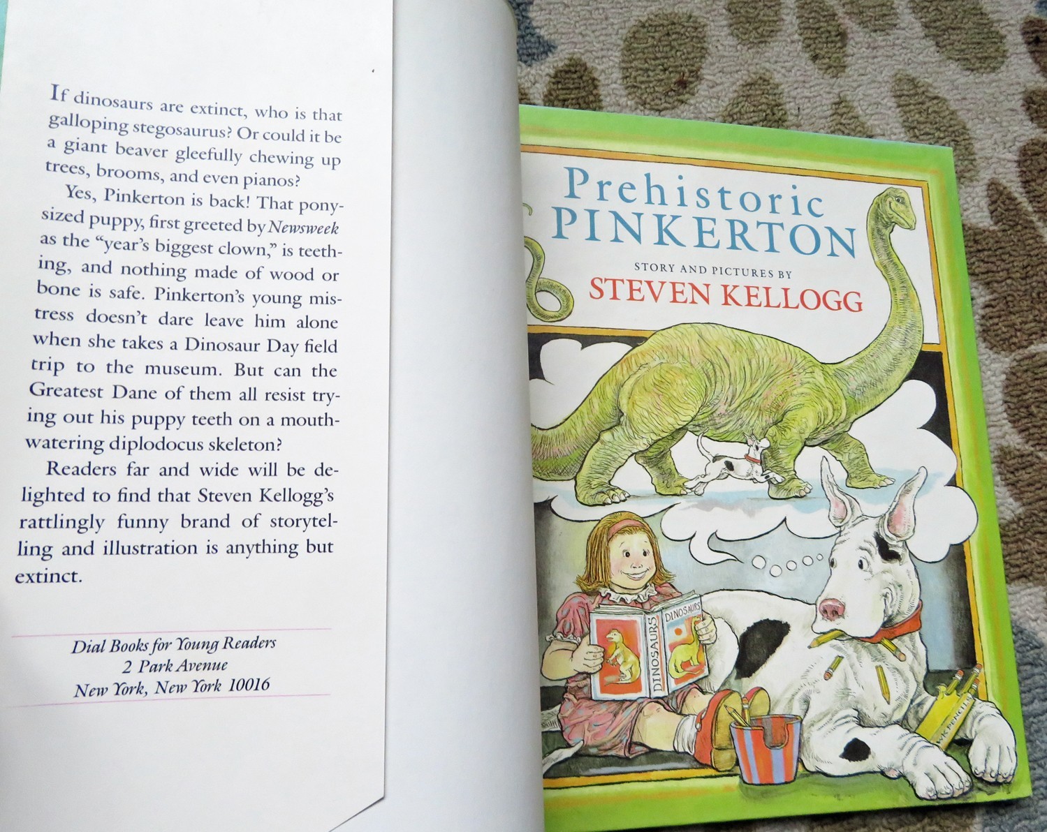 PREHISTORIC PINKERTON SIGNED STEVEN KELLOGG W/SKETCH- GREAT DANE DINOSAURS