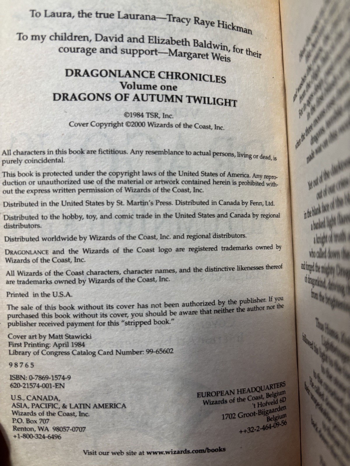 Dragons of Autumn Twilight : Dragonlance Chronicles 1st Edition 1984 Paperback