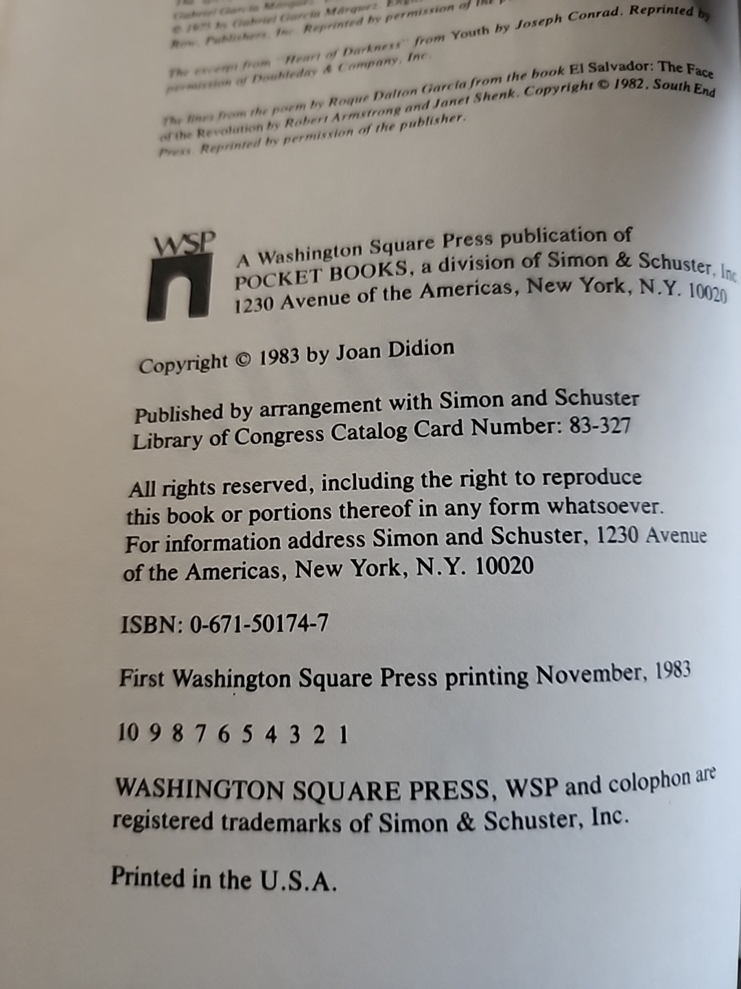 SALVADOR JOAN DIDION NOV 1983 PB 1ST ED WASHINGTON SQUARE PRESS