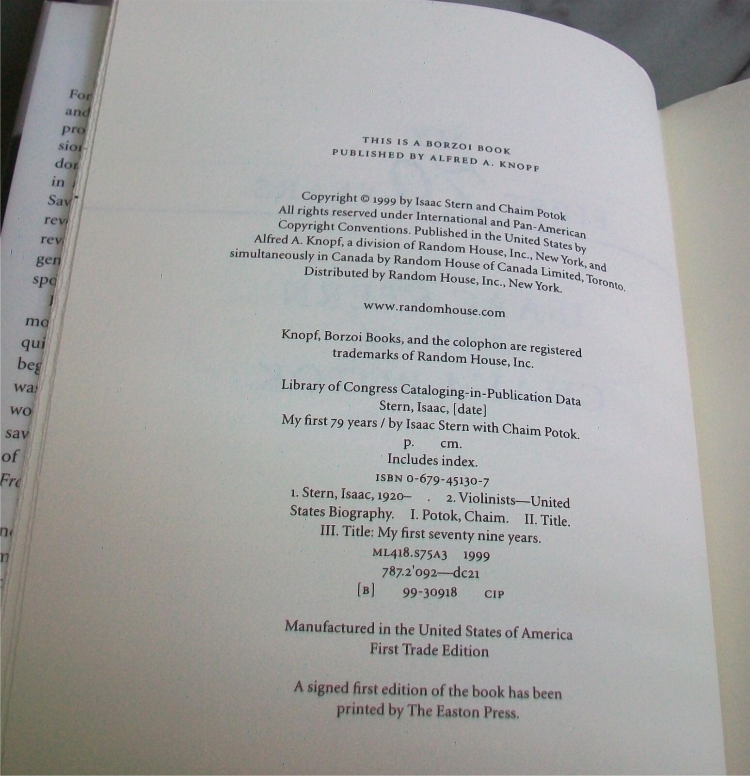 *Signed Bookplate* MY FIRST 79 YEARS Isaac Stern & Chaim Potok HC/DJ 1999 1st Ed