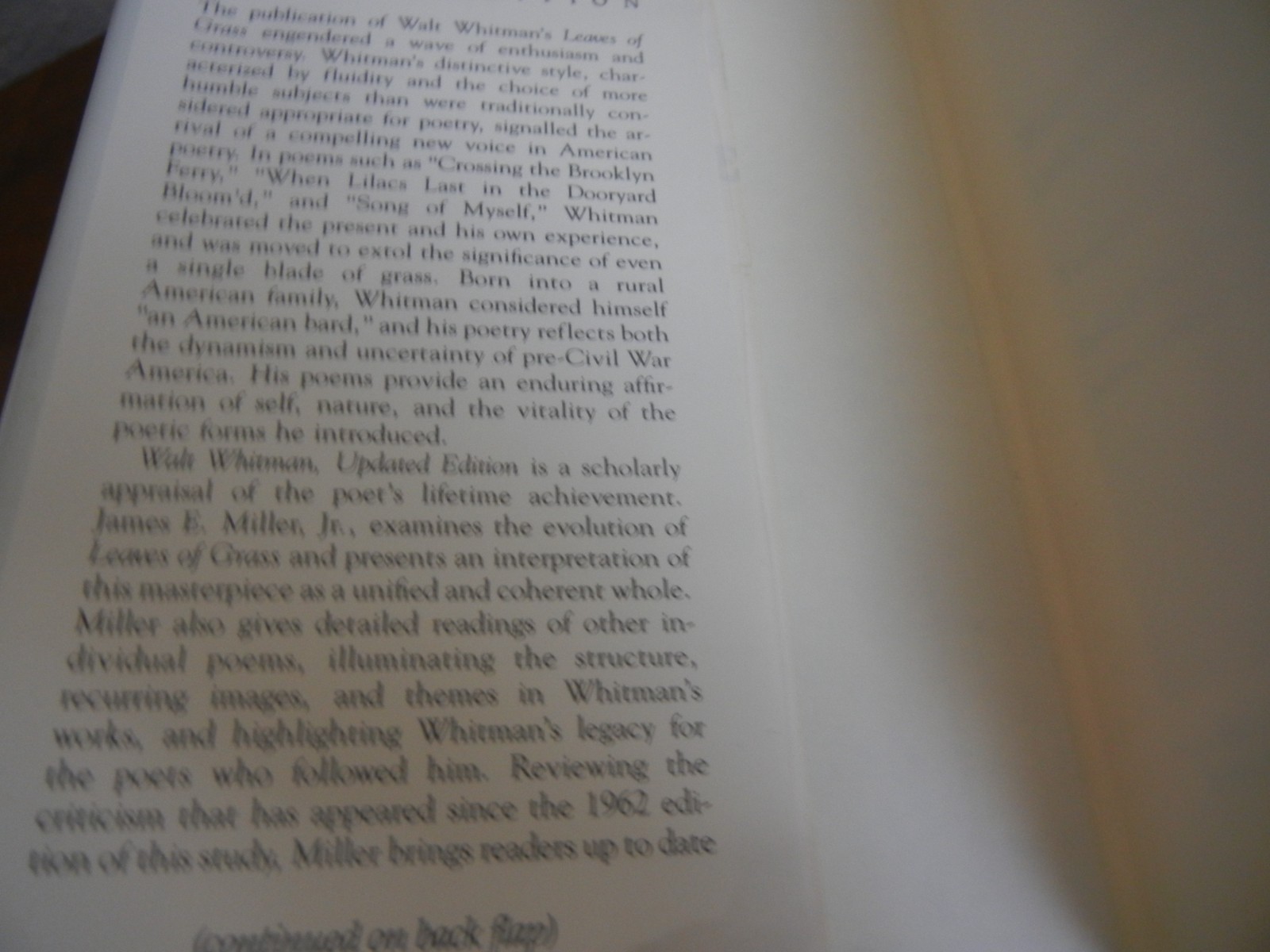 WALT WHITMAN UPDATED EDITION – JAMES E. MILLER, JR. HARDCOVER DUSTCOVER 1990