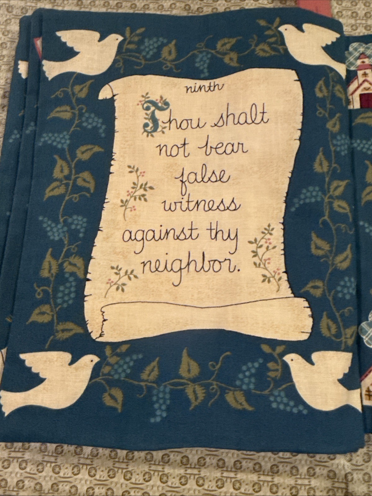 Vintage Cloth -Quilted 10 Commandments Book with Bookmark! 10 1/2 Inches Long