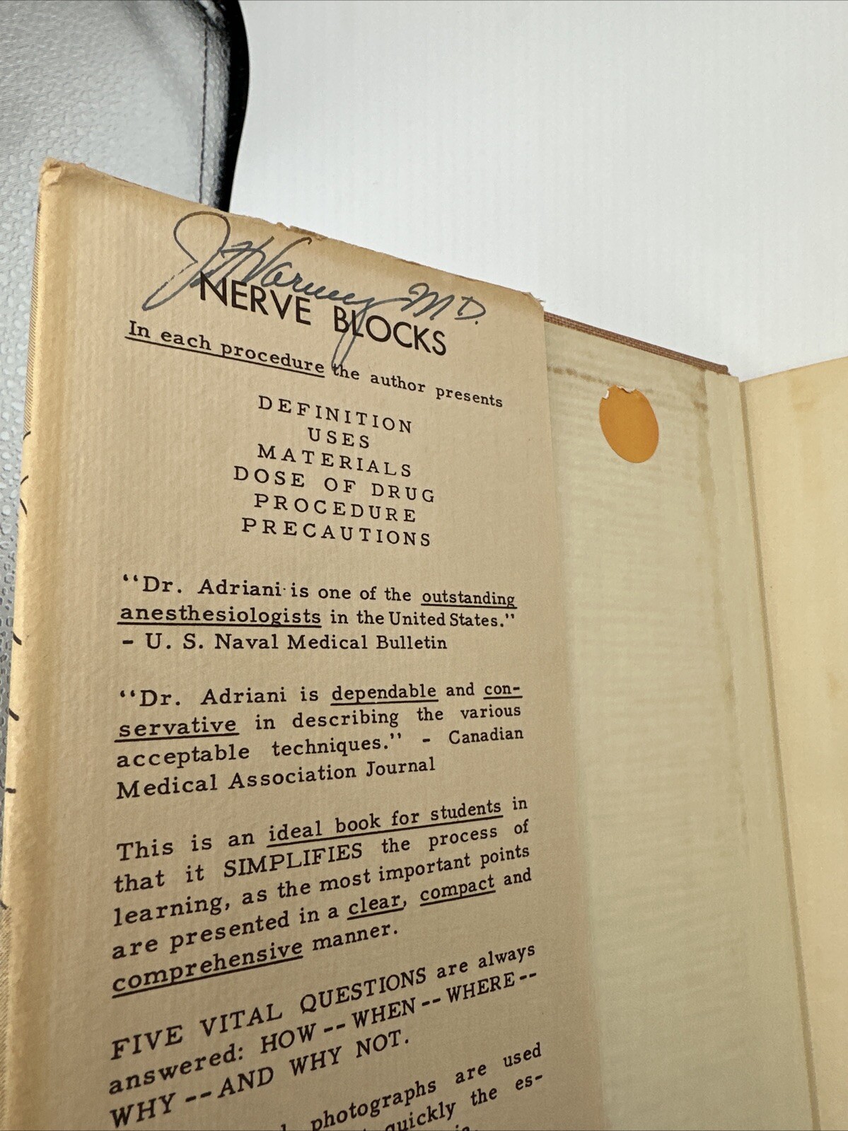 Nerve Blocks John Adriani 1954 Hardcover DJ Anesthesia 265 Pages