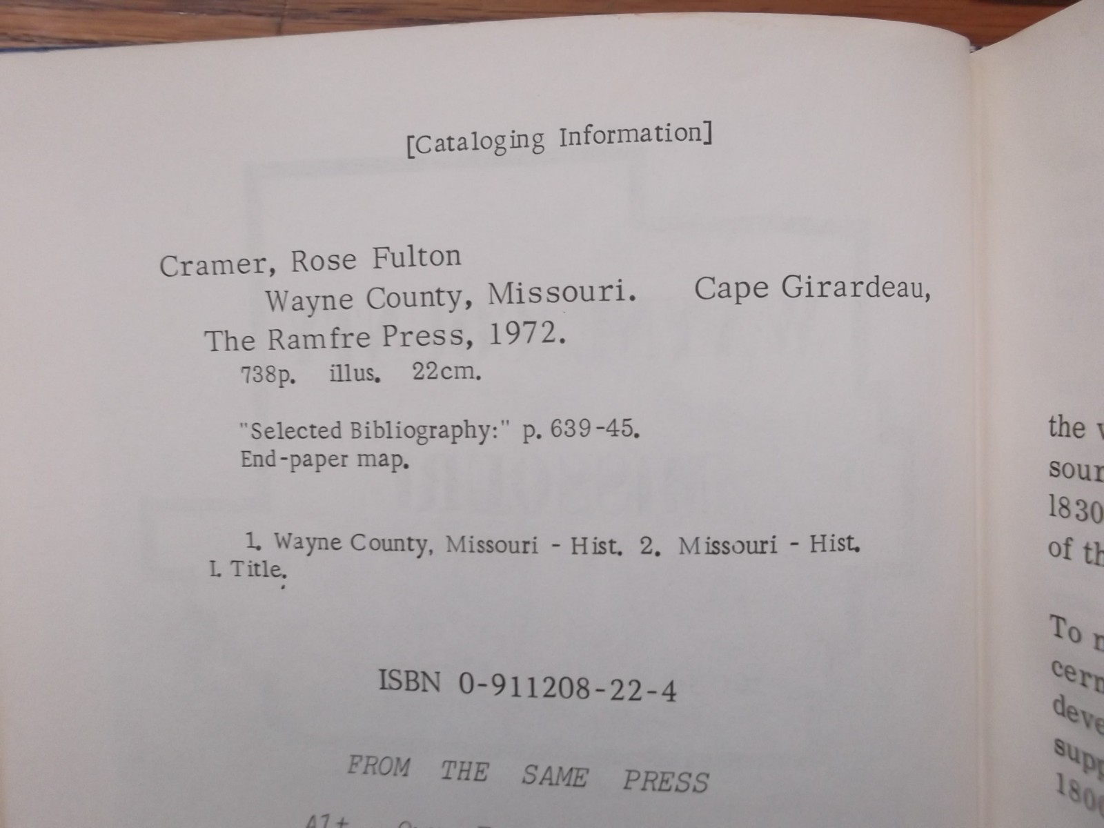 Wayne County Missouri by Rose Fulton Cramer/hard cover 1972/734 pages