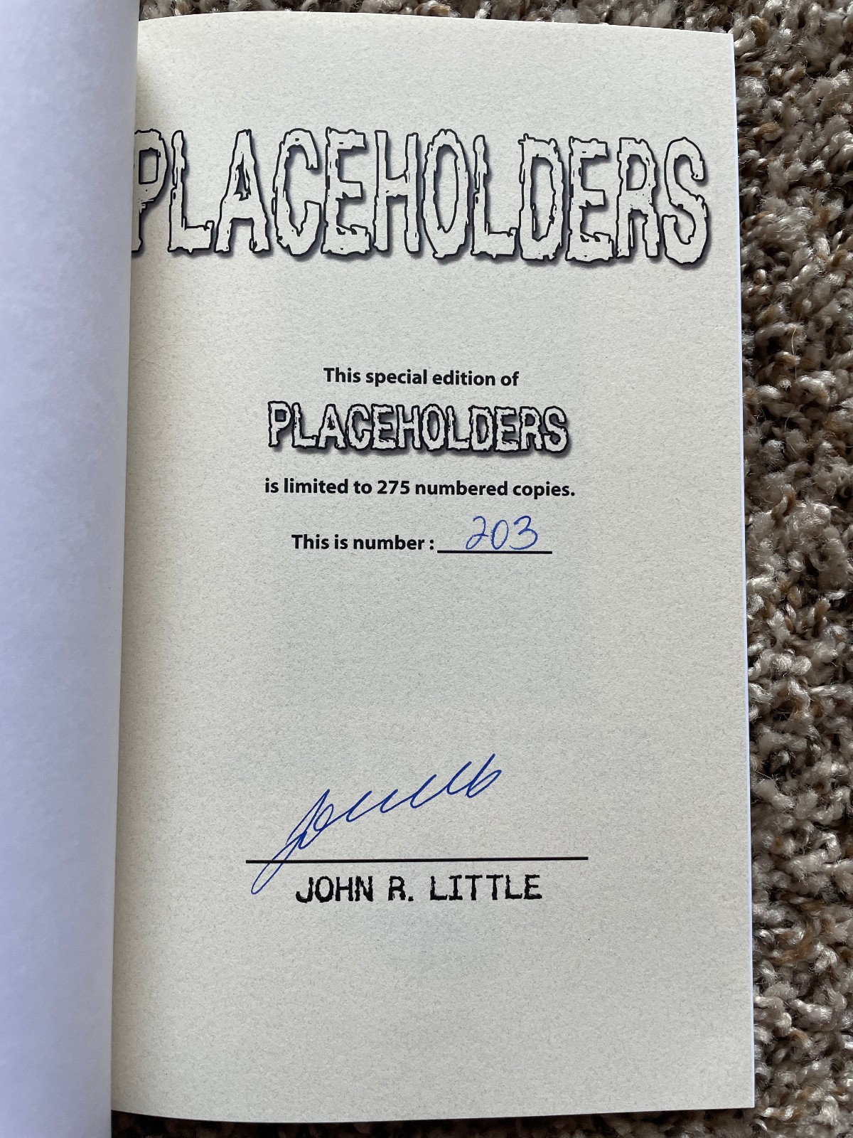 PLACEHOLDERS John R. Little 275 copy SIGNED/NUMBERED Necessary Evil Press chap