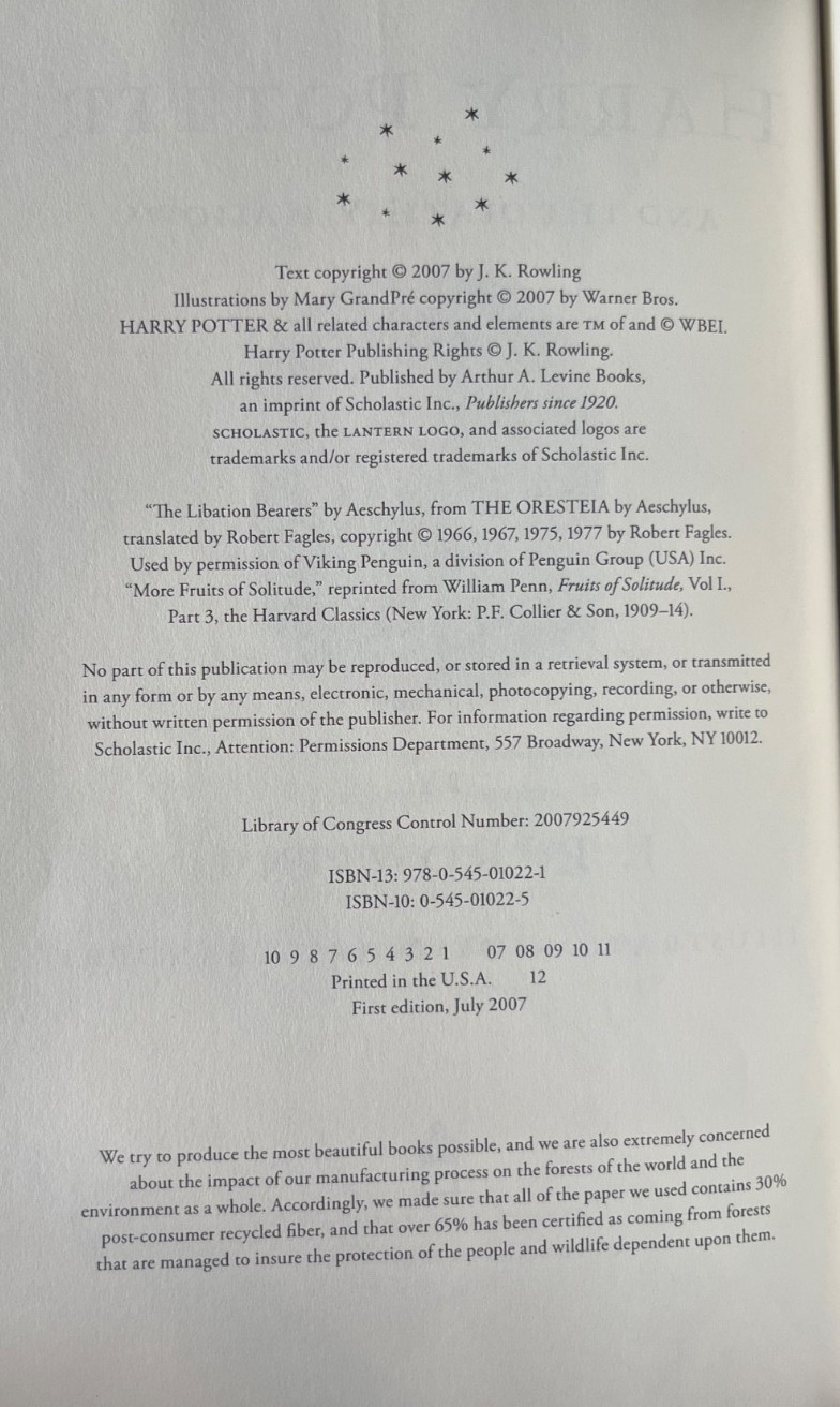 RARE HARRY POTTER and the Deathly Hallows 2007 1st Edition (ERROR) 759 End Page