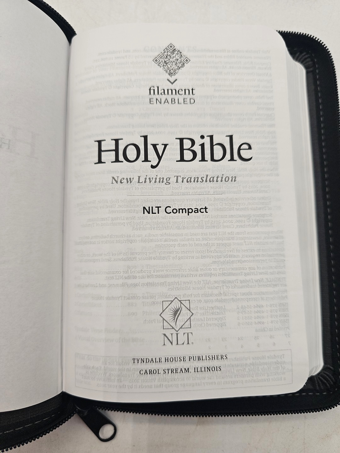 NLT Compact Zipper Bible Filament Enabled LeatherLike Charcoal Patch