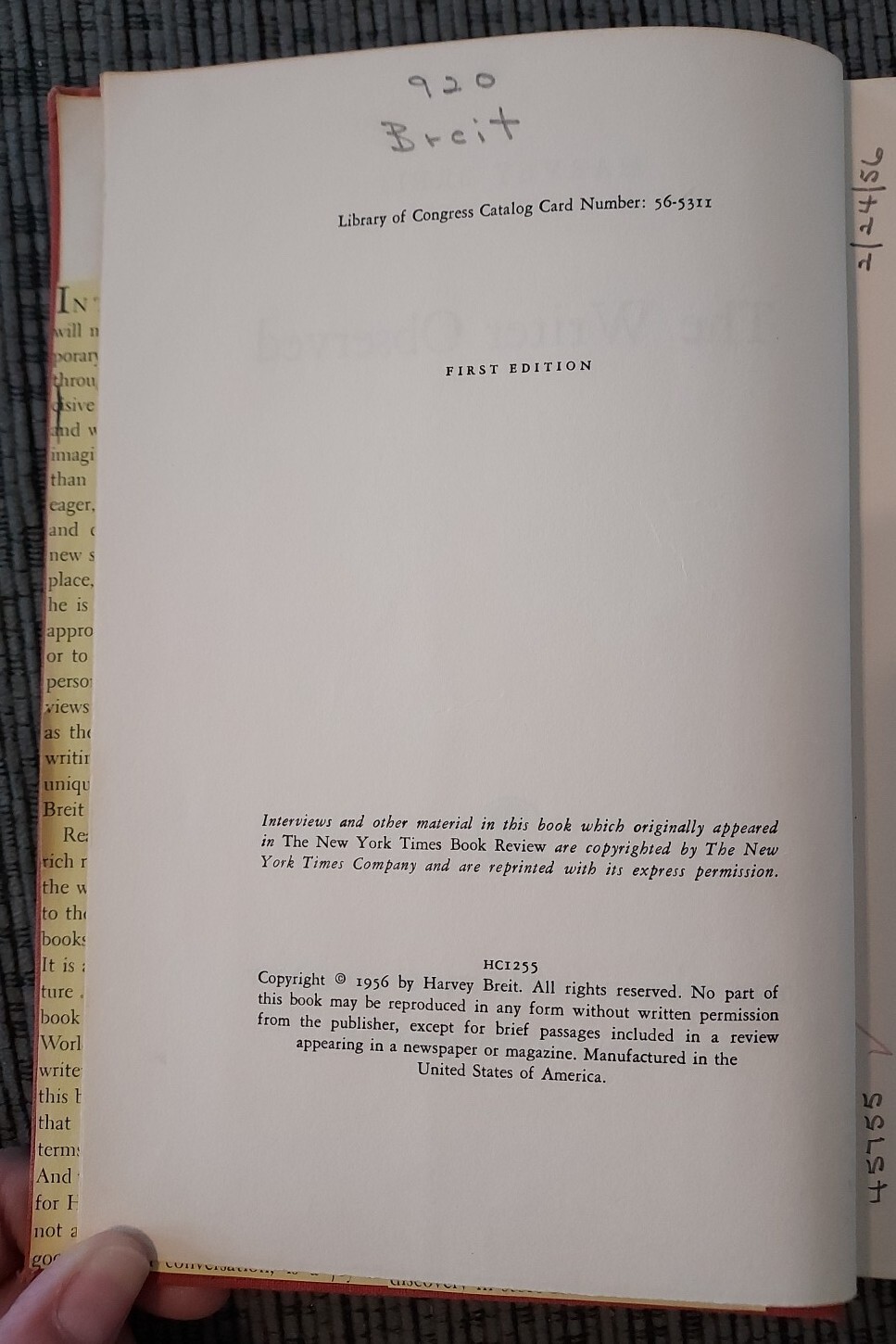 First Edition The Writer Observed by Harvey Breit 1956 Hardback Hemingway