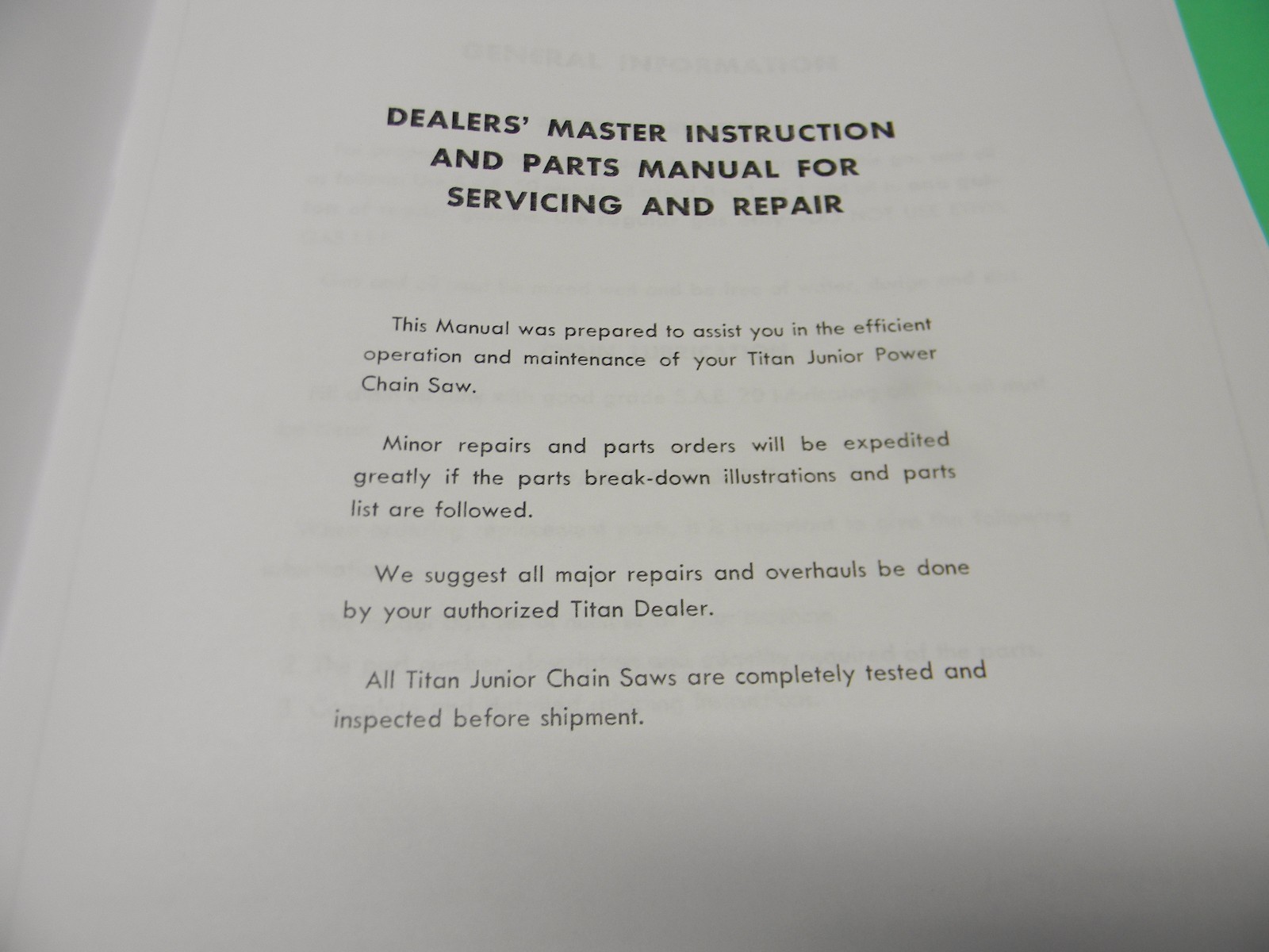 TITAN JUNIOR MODEL 200 CHAINSAW MASTER INSTRUCTIONS AND PARTS MANUAL— MAN.181A