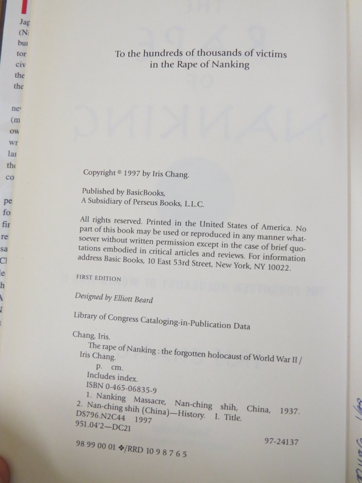 The Rape of Nanking Iris Chang 1997 First Edition WWII History Basic Books