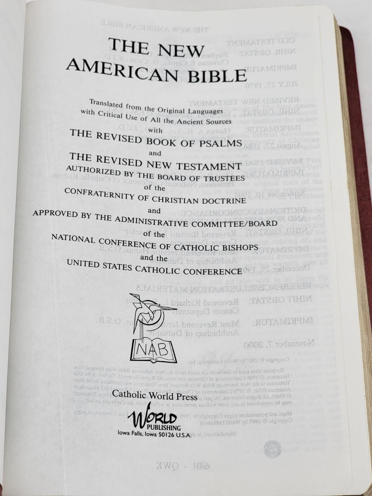 Holy Bible New American Red Letter Official Catholic World Press 1997