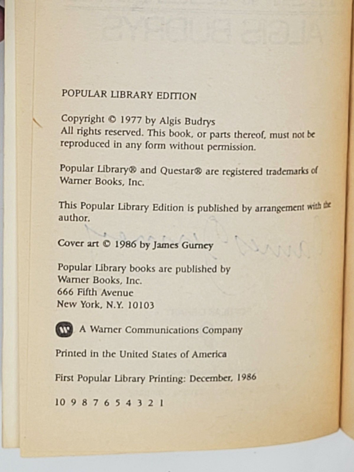 ALGIS BUDRYS (JAMES GURNEY SIGNED) 1ST POPULAR LIBRARY EDITION- Michaelmas, 1986