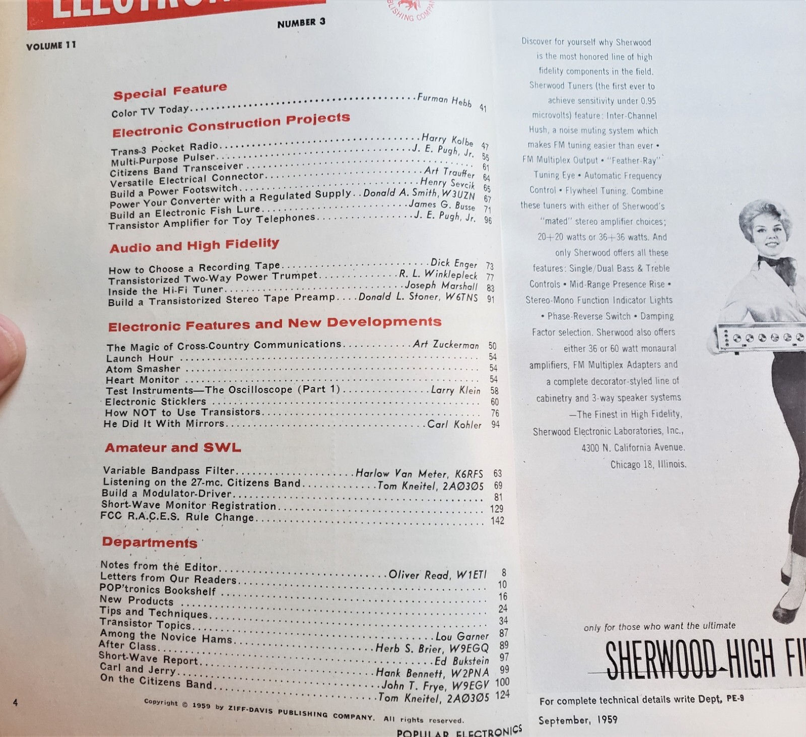  3 POPULAR ELECTRONICS MAGAZINES – 1959, 3 issues March, August, September