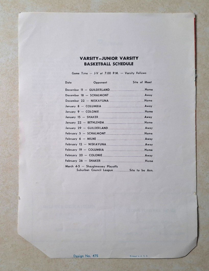 Vintage Mohonasen v Guilderland NY High School Basketball Program Coca Cola 1959