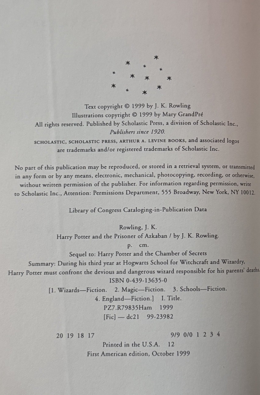 1999 HARRY POTTER and the Prisoner of Azkaban by J. K. Rowling, TRUE 1st Edition