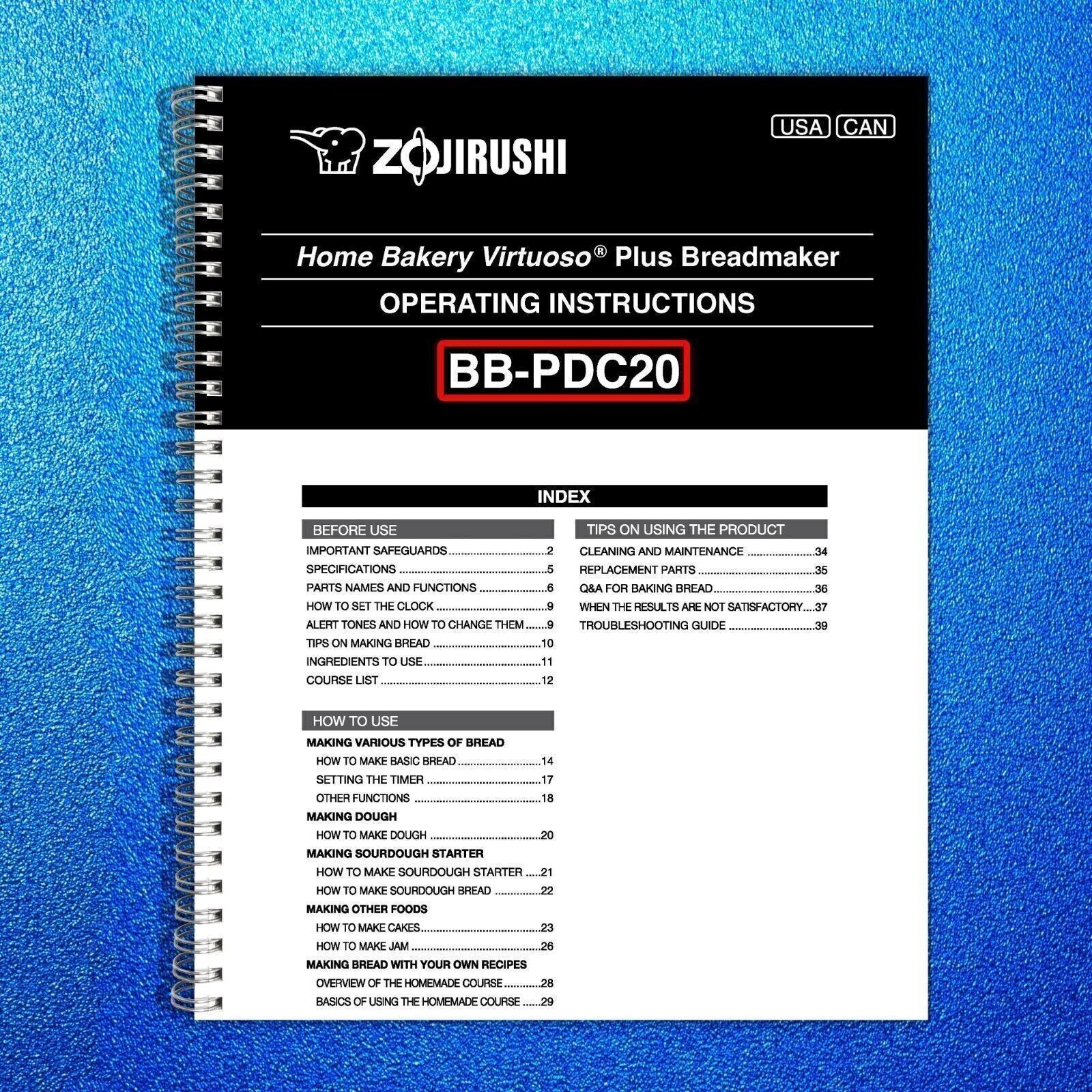 Zojirushi BB-PDC20 Bread Machine Owners Manual User Guide Instruction + Recipes!